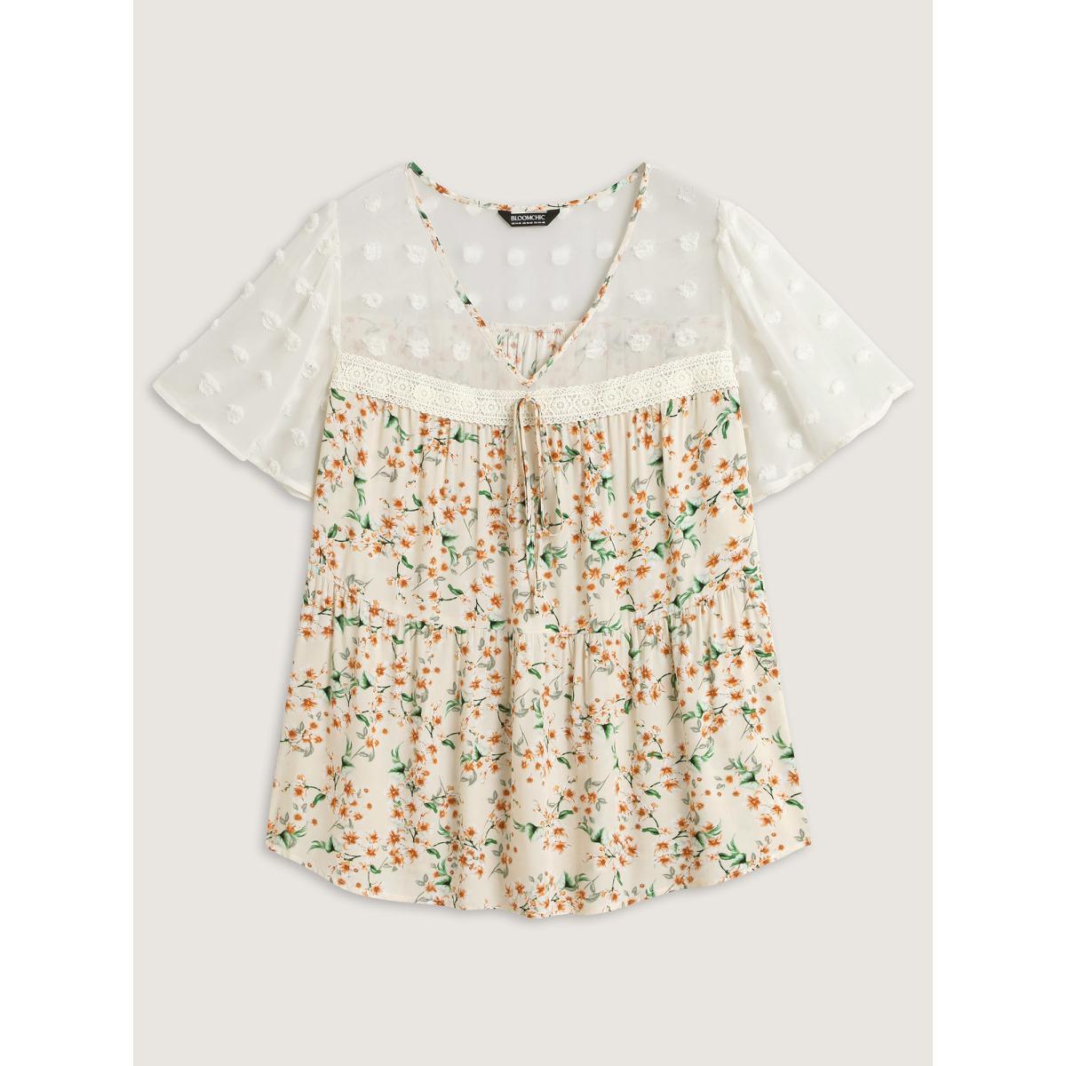 Plus Size Beige Floral Print Lace Sheer Sleeve Blouse Women Short sleeve V-neck Everyday-Elegant Blouses BloomChic 26/4X Product Image