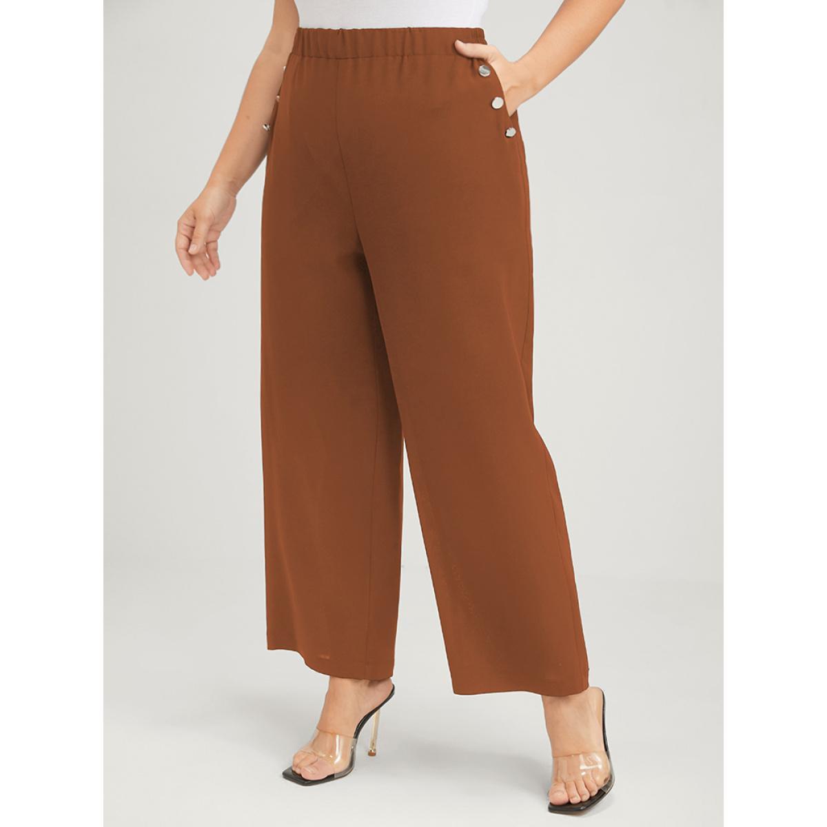 Plus Size Solid Pocket Button Detail Elastic Waist Pants Women Chocolate Office High Rise Work Pants BloomChic 18-20/2X Product Image