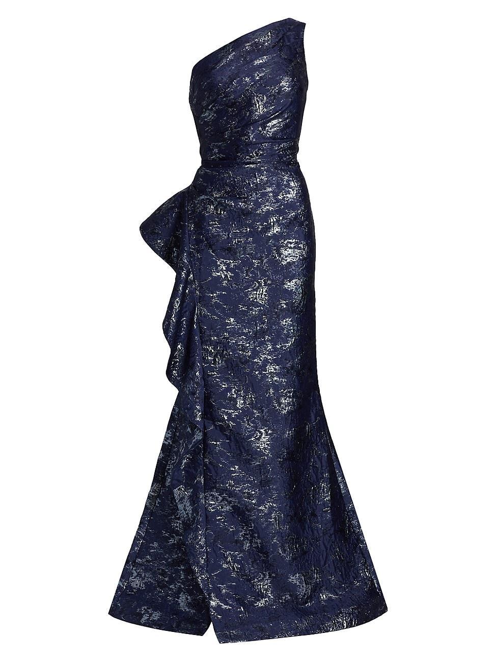 Metallic Jacquard One-Shoulder Side-Ruffle Gown Product Image