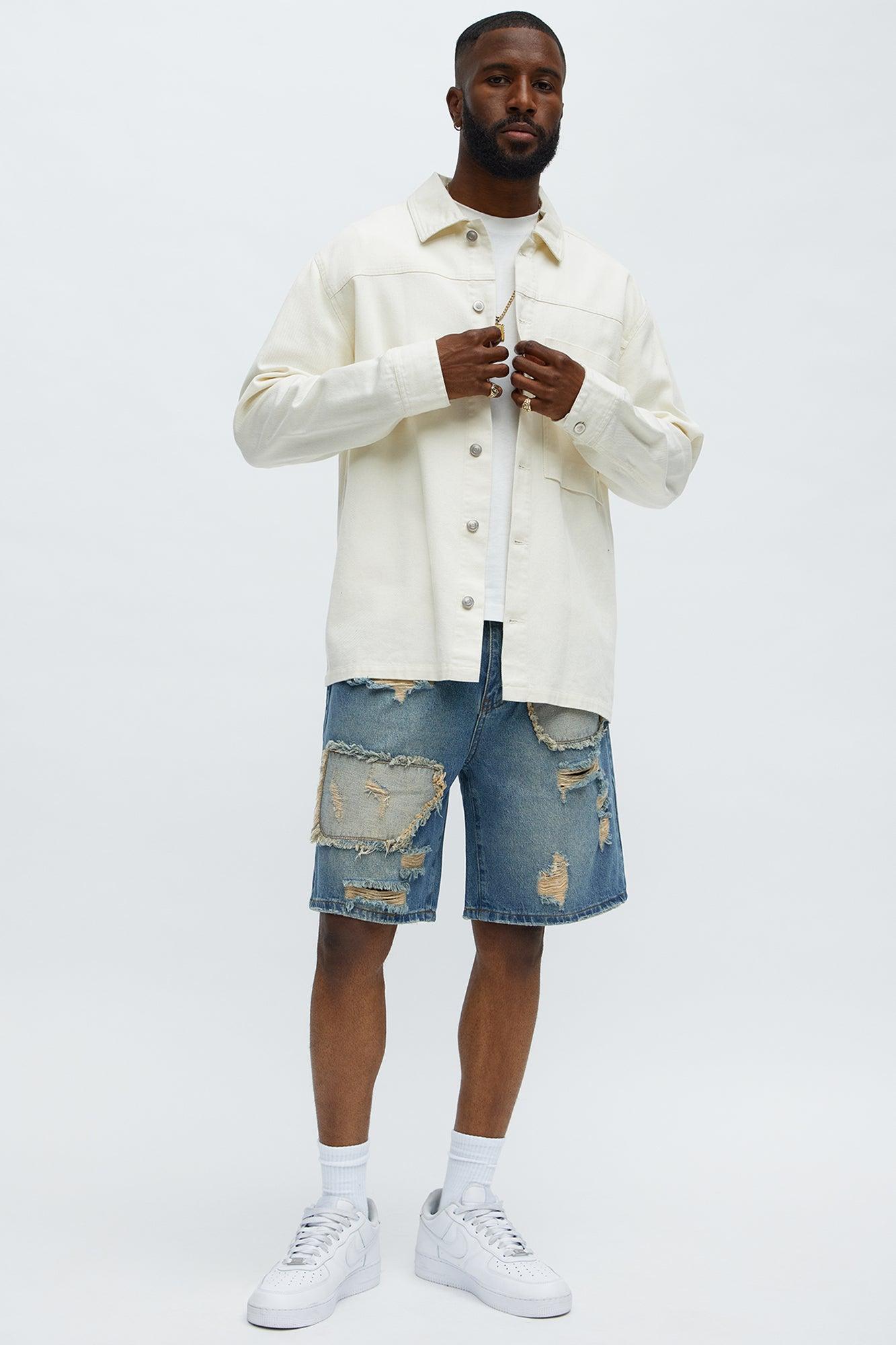 Relaxed Patches With Fray Distressed Denim Shorts - Vintage Blue Wash Product Image