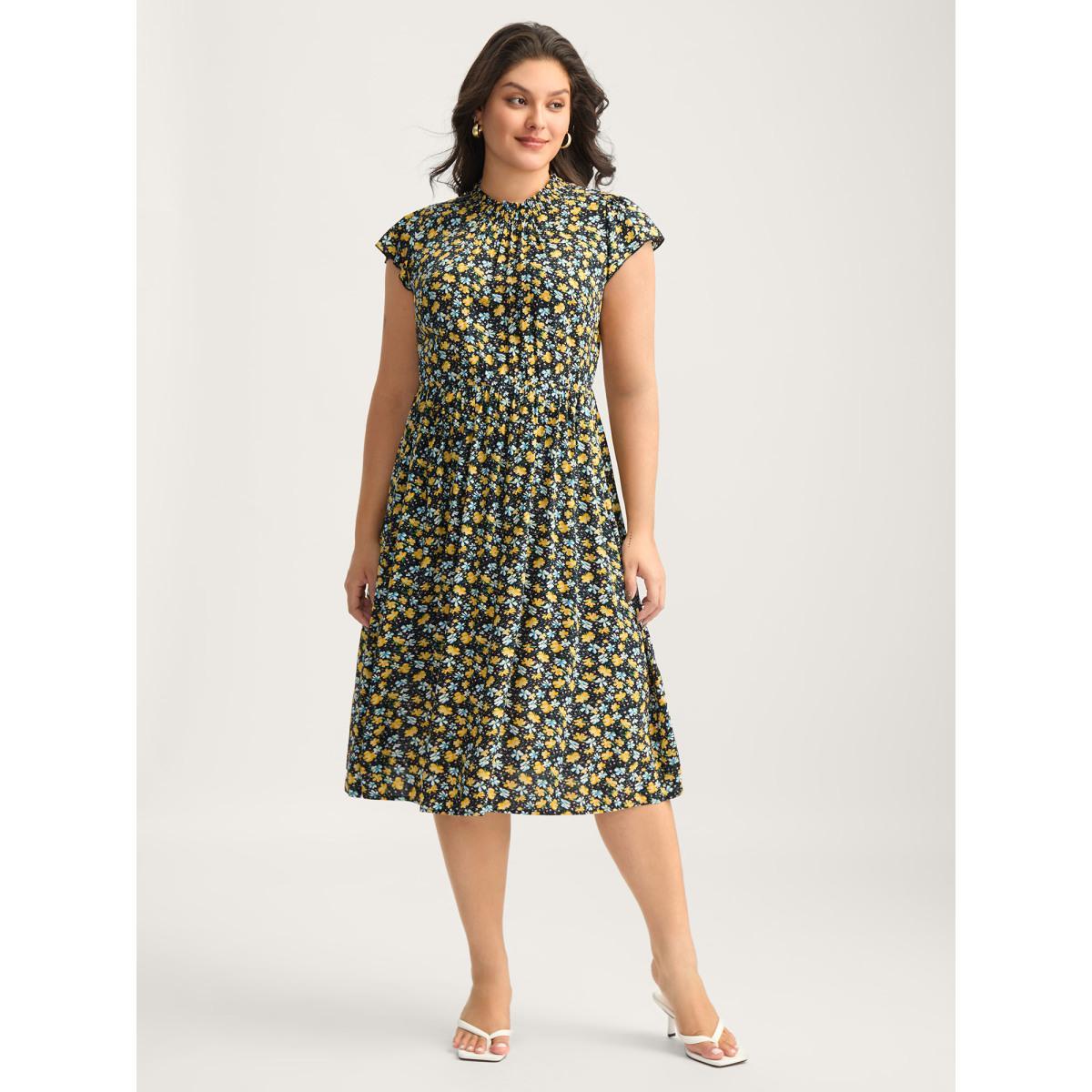 Plus Size Floral Shirred Mock Neck Pockets Midi Dress Black Women Mock Neck Cap Sleeve Curvy BloomChic 30/6X Product Image