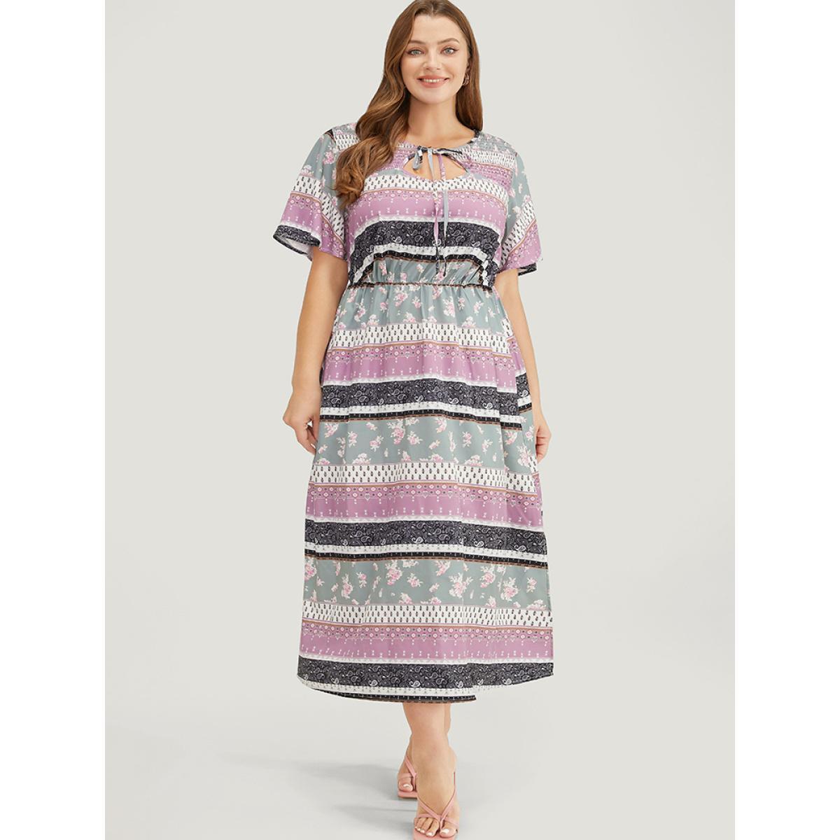 Plus Size Bandana Print Cut Out Tie Neck Pocket Shirred Striped Dress Multicolor Women Elegant Printed Keyhole Cut-Out Short sleeve Curvy Midi Dress BloomChic 14-16/1X Product Image
