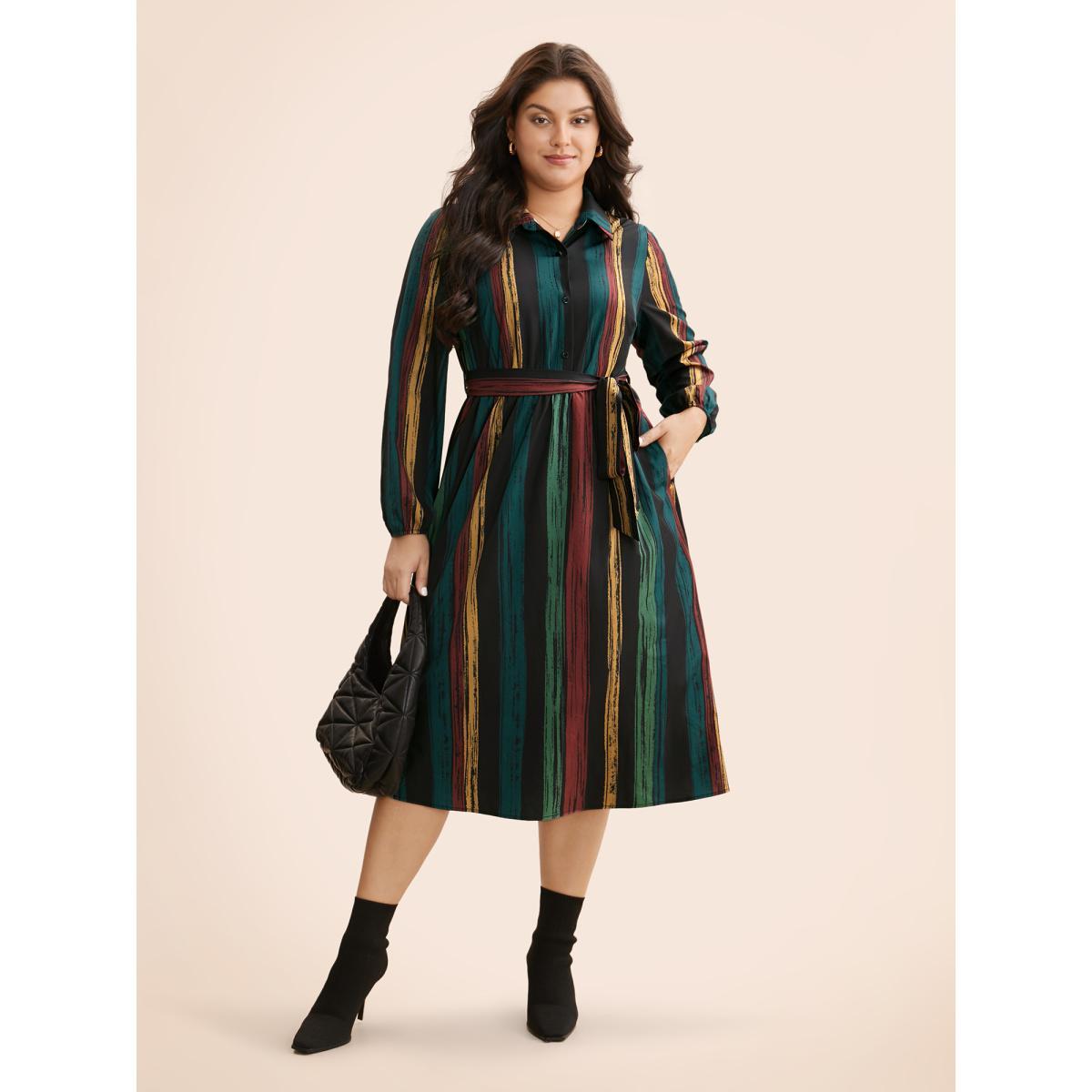 Plus Size Colored Striped Belted Lantern Sleeve Dress Multicolor Women At the Office Belted Knit Dresses Bloomchic 18-20/2X Product Image
