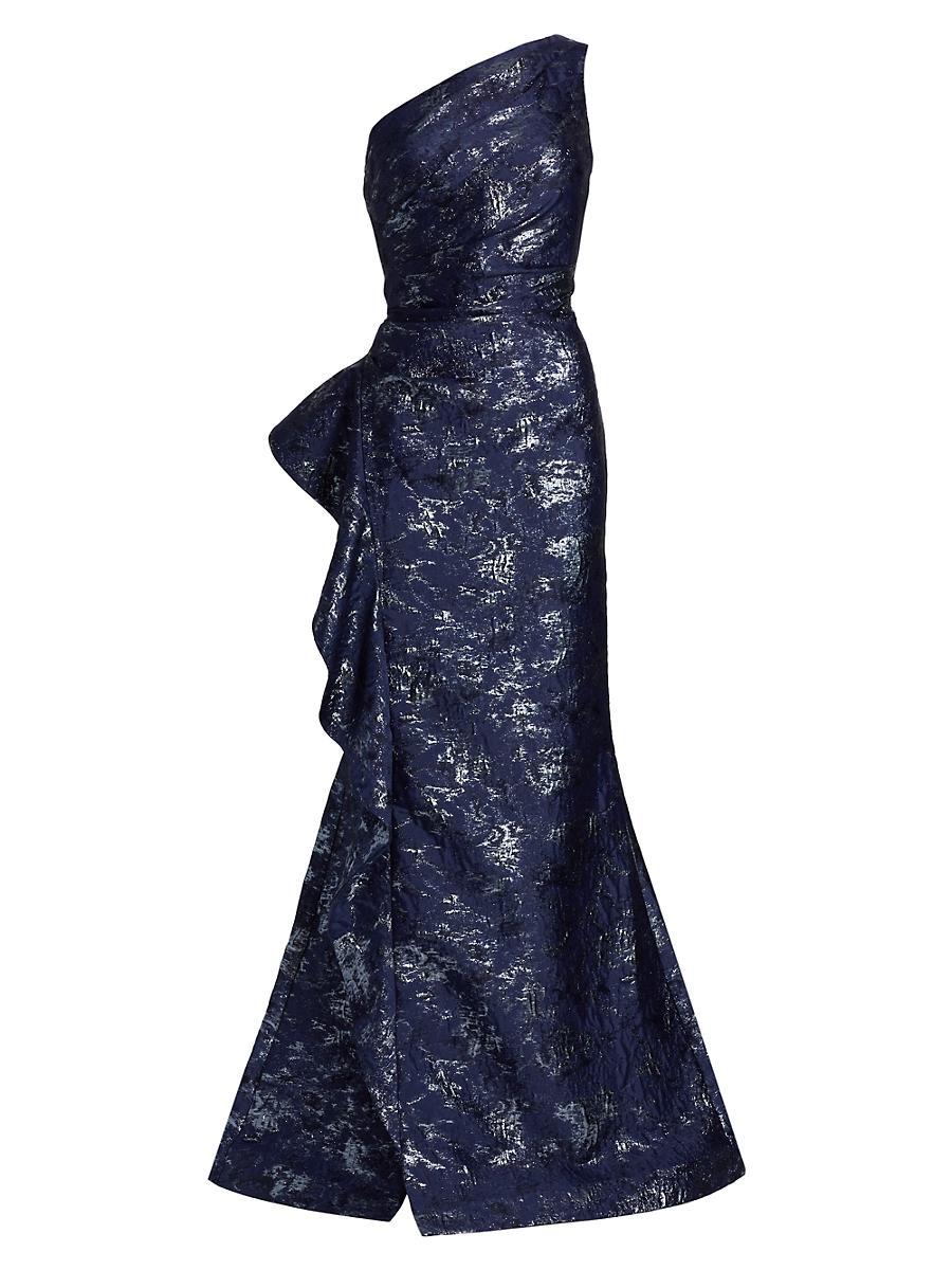 Metallic Jacquard One-Shoulder Side-Ruffle Gown Product Image
