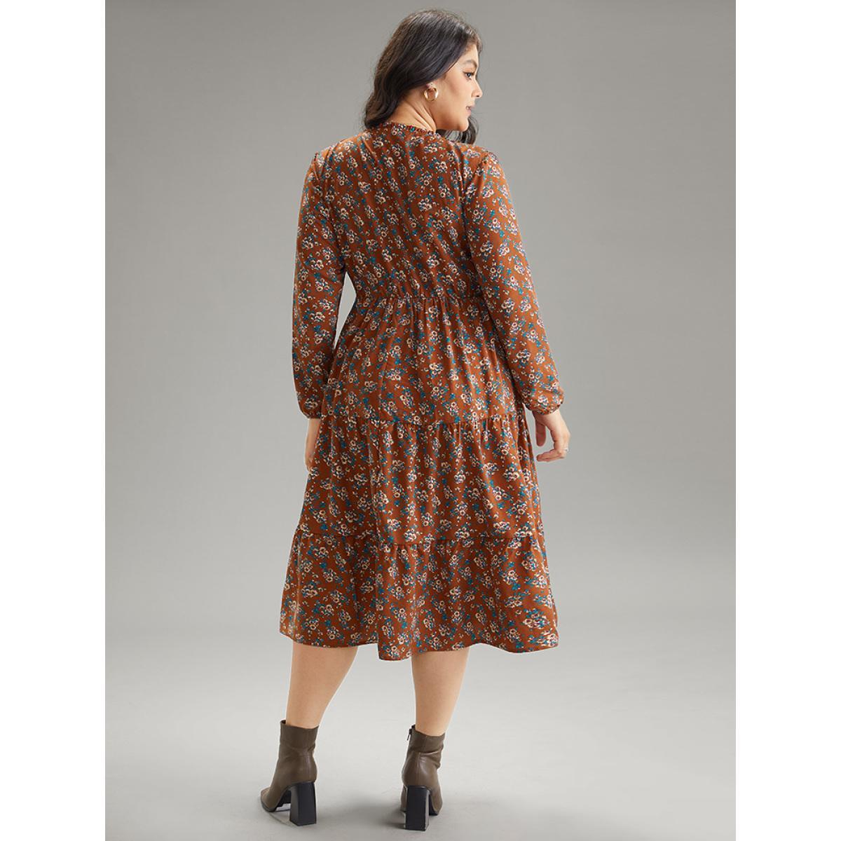 Plus Size Ditsy Floral Shirred Flutter Layered Hem Dress Rust Women Elegant Elastic cuffs V-neck Long Sleeve Curvy Midi Dress BloomChic 22-24/3X Product Image