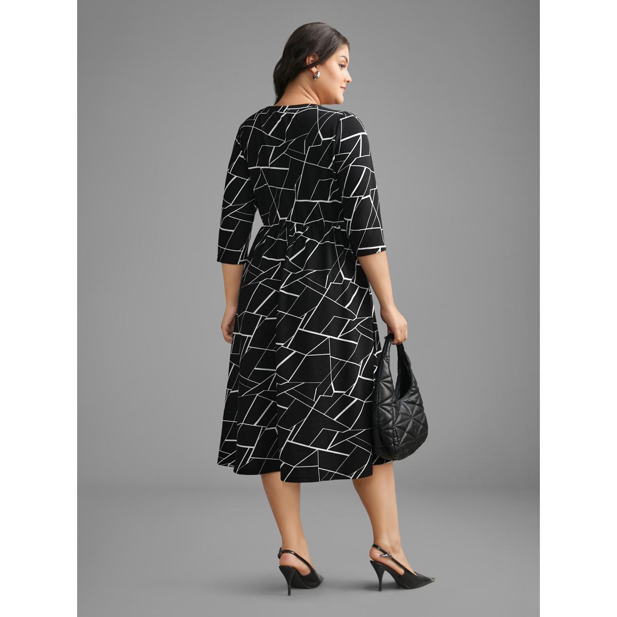 Plus Size Geometric Keyhole Elastic Waist Midi Dress Black Women At the Office Distressed Round Neck Elbow-length sleeve Curvy BloomChic 26/4X Product Image
