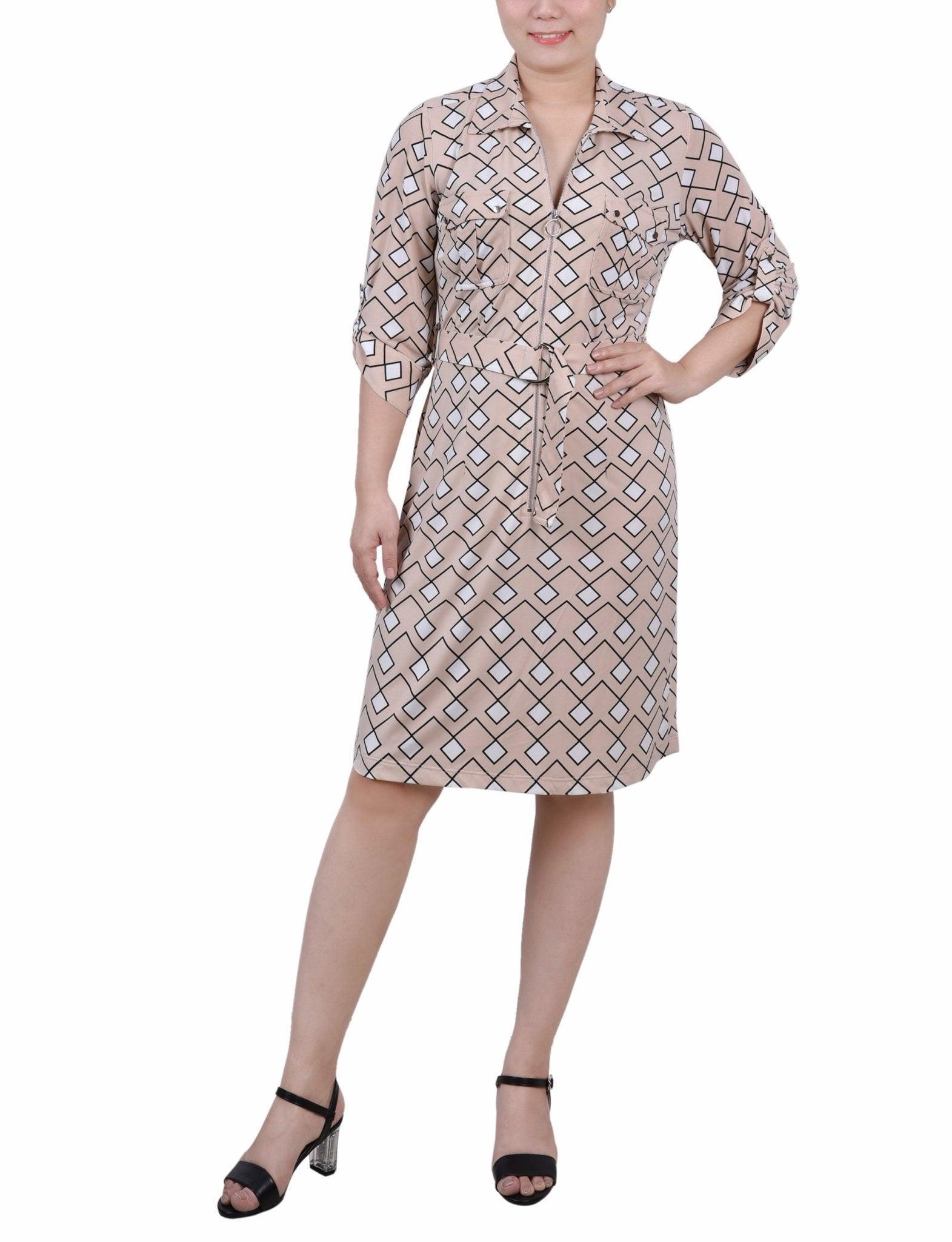 Moonlight Diamonds Belted Roll Tab Zip Front Shirtdress - Petite Product Image