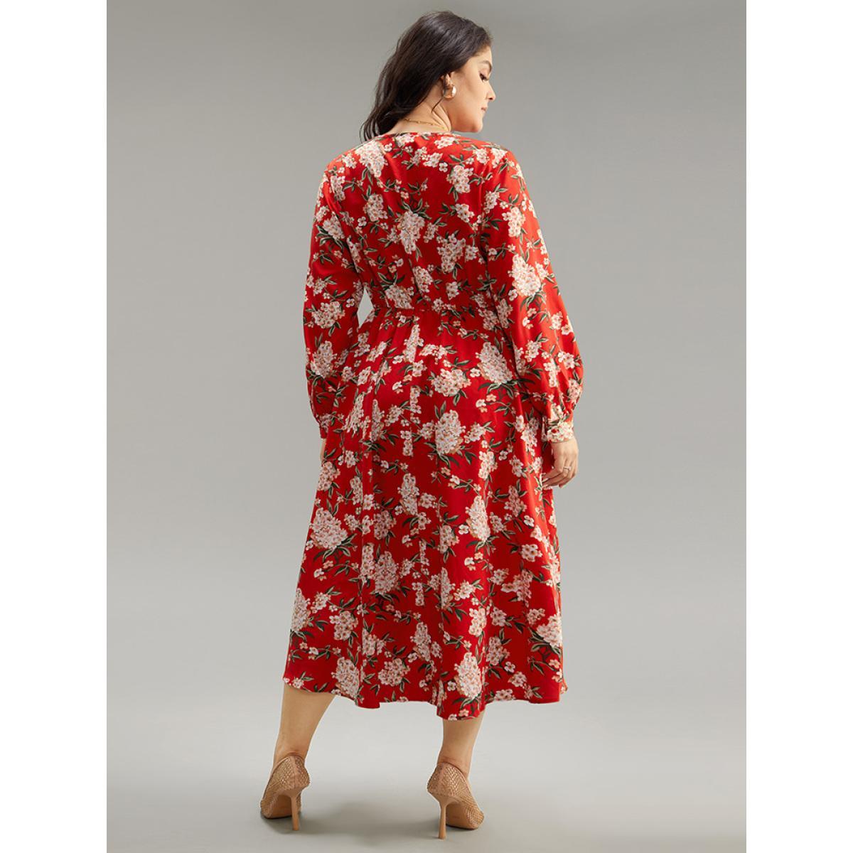 Plus Size Floral Print Ruched Pocket Pleated Dress Red Women Elegant Printed V-neck Long Sleeve Curvy Midi Dress BloomChic 18-20/2X Product Image