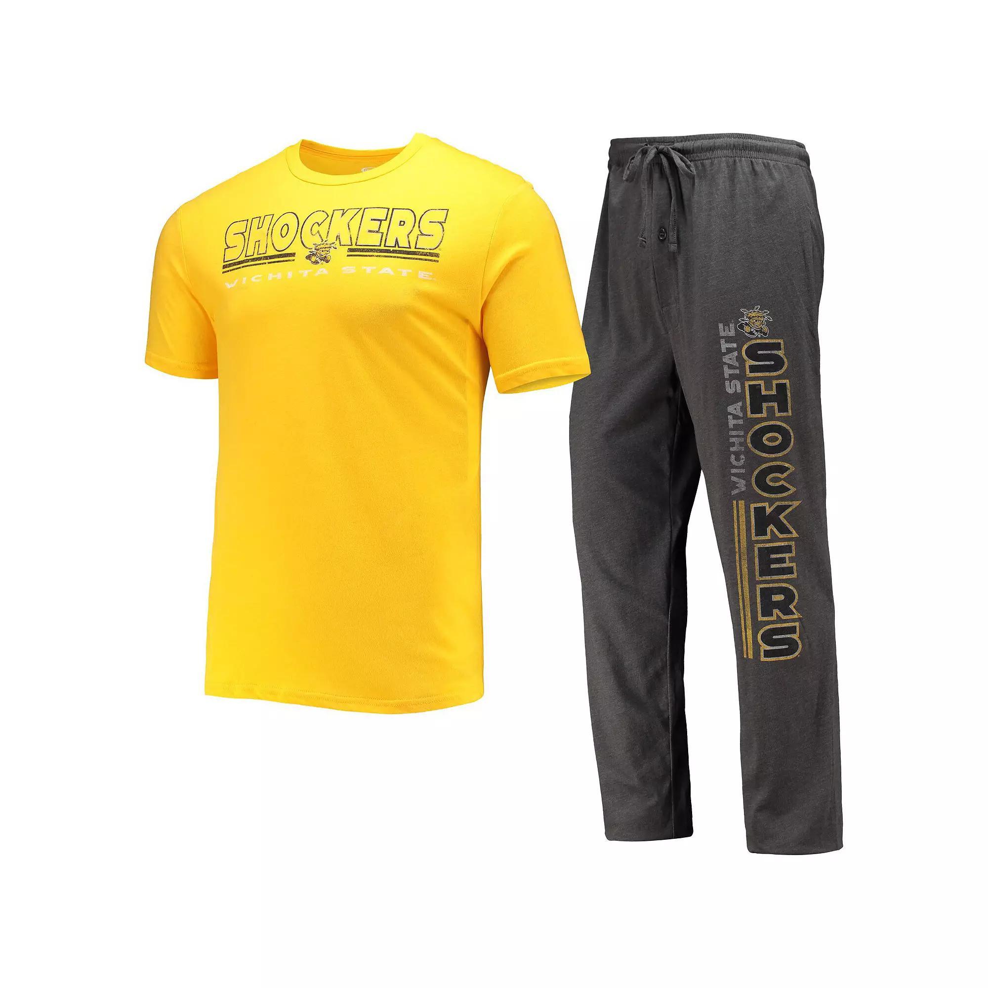 Men's Concepts Sport Heathered Charcoal/Yellow Wichita State Shockers Meter T-Shirt & Pants Sleep Set, Size: 2XL, Wst Charco Product Image