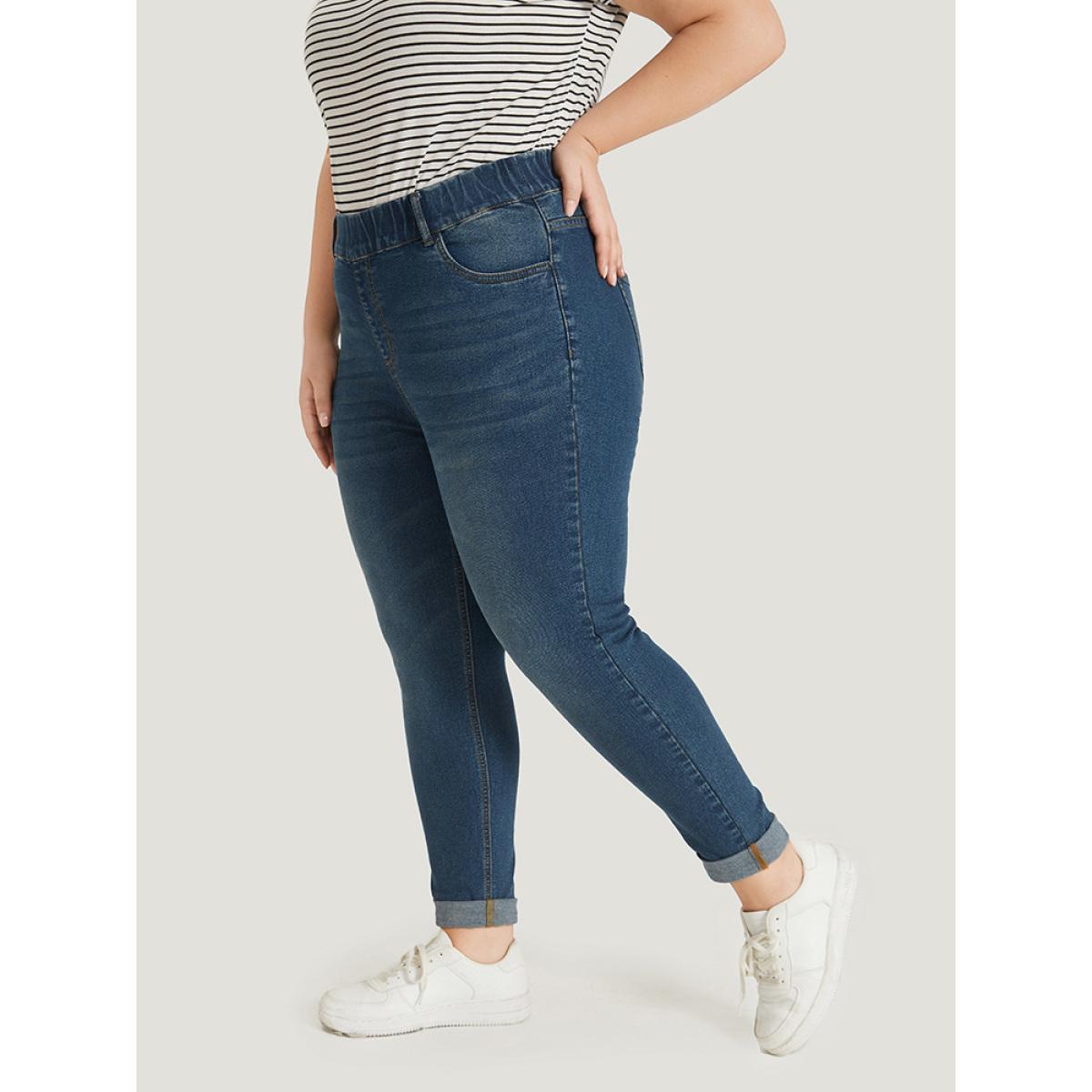 Plus Size Plain Elastic Waist Medium Wash Roll Hem Jeans Women Indigo Casual Plain Plain High stretch Pocket Jeans BloomChic 24/3X Product Image