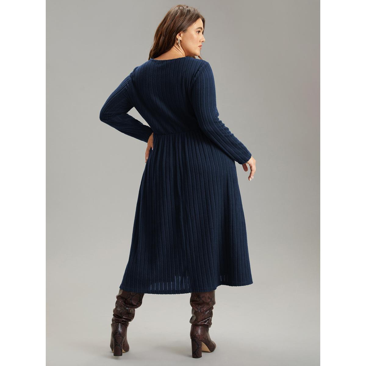 Plus Size Rib Knit Plain Notched Pocket Dress DarkBlue Women Work From Home Rib Knit Notched collar Long Sleeve Curvy Midi Dress BloomChic 28/5X Product Image