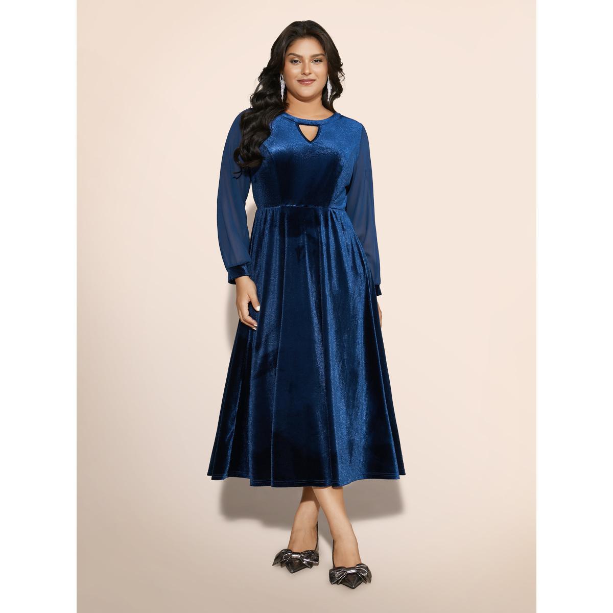 Plus Size Velvet Patchwork Chiffon Keyhole Midi Dress Indigo Women Cocktail Texture Party Curvy Bloomchic 10/M Product Image