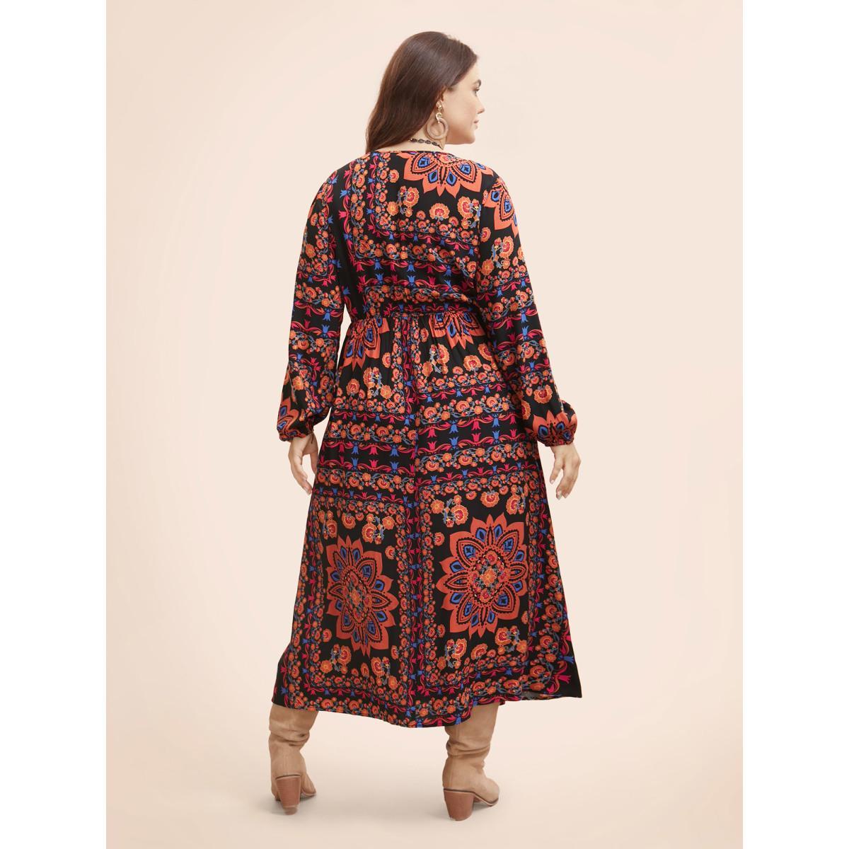 Plus Size Bandana Lantern Sleeve Midi Dress Black Women Resort Gathered V-neck Long Sleeve Curvy BloomChic 22-24/3X Product Image