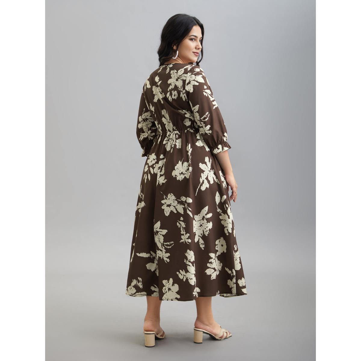 Plus Size Leaf Print Square Neck Ruffled Shirred Midi Dress Browncoffeecolor Women Elegant Shirred Square Neck Elbow-length sleeve Curvy BloomChic 12/L Product Image