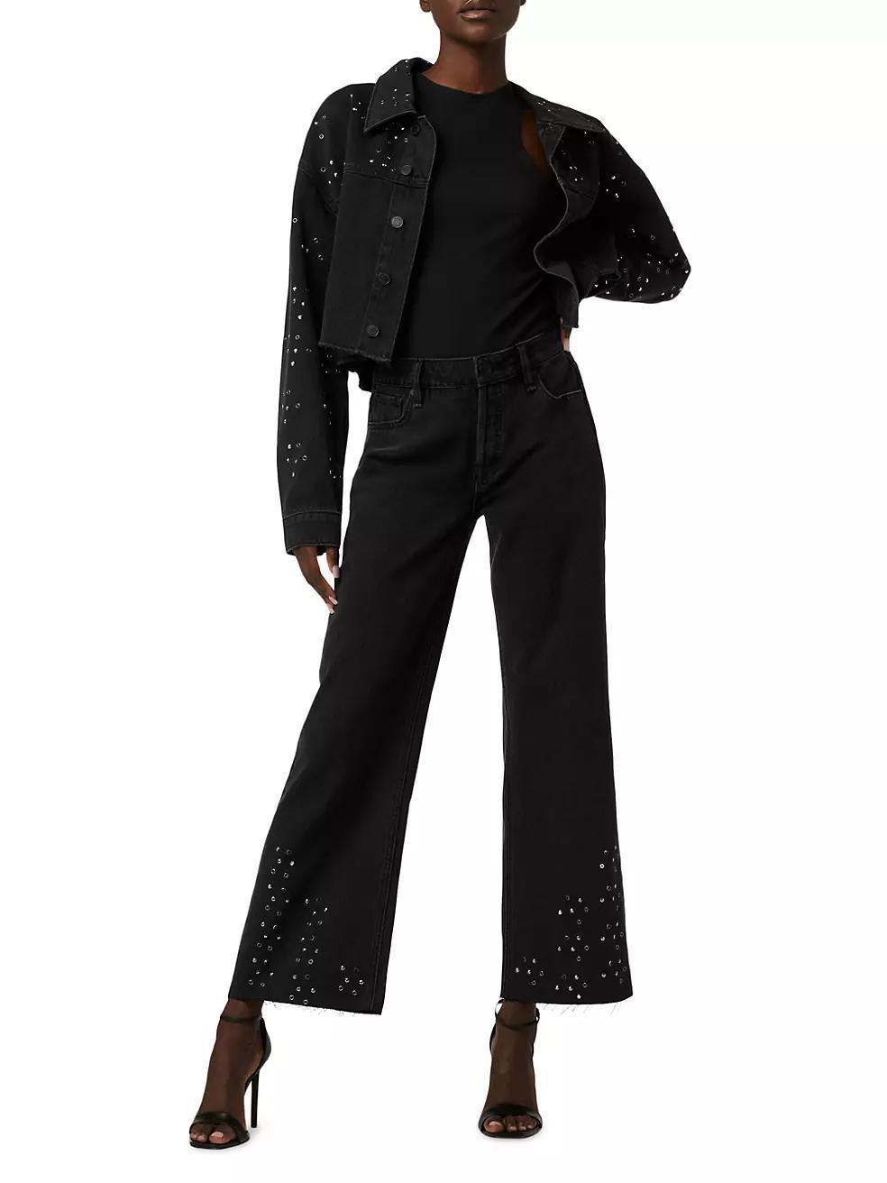 Rosie High-Rise Wide Leg Grommeted Fray Ankle Jeans Product Image