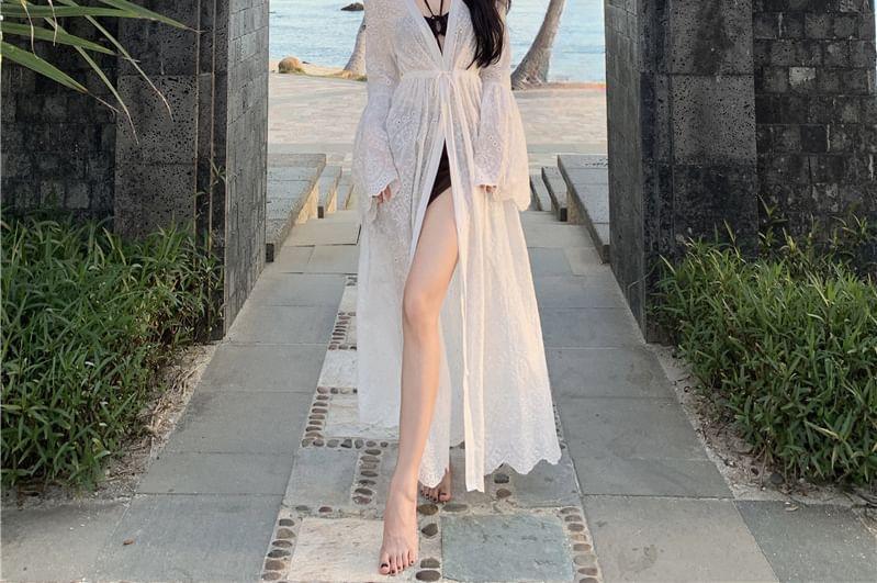 Flared-Cuff V-Neck Plain Tie-Front Slit Midi Sundress Product Image