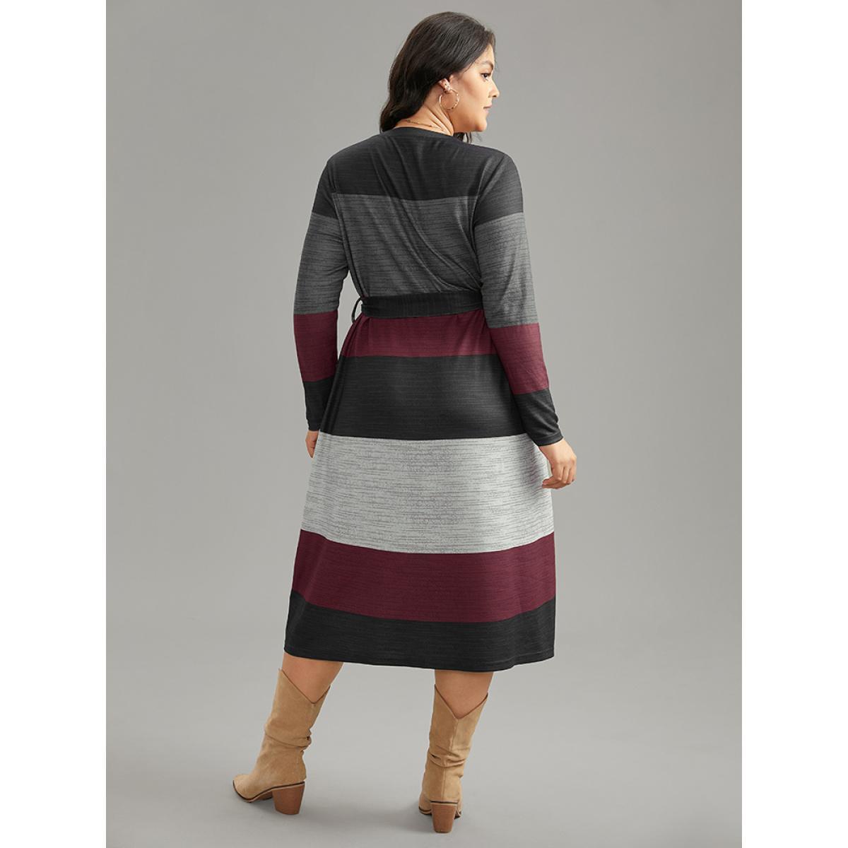 Plus Size Colorblock Contrast Heather Belted Dress Black Women Casual Non Round Neck Long Sleeve Curvy Midi Dress BloomChic 30/6X Product Image