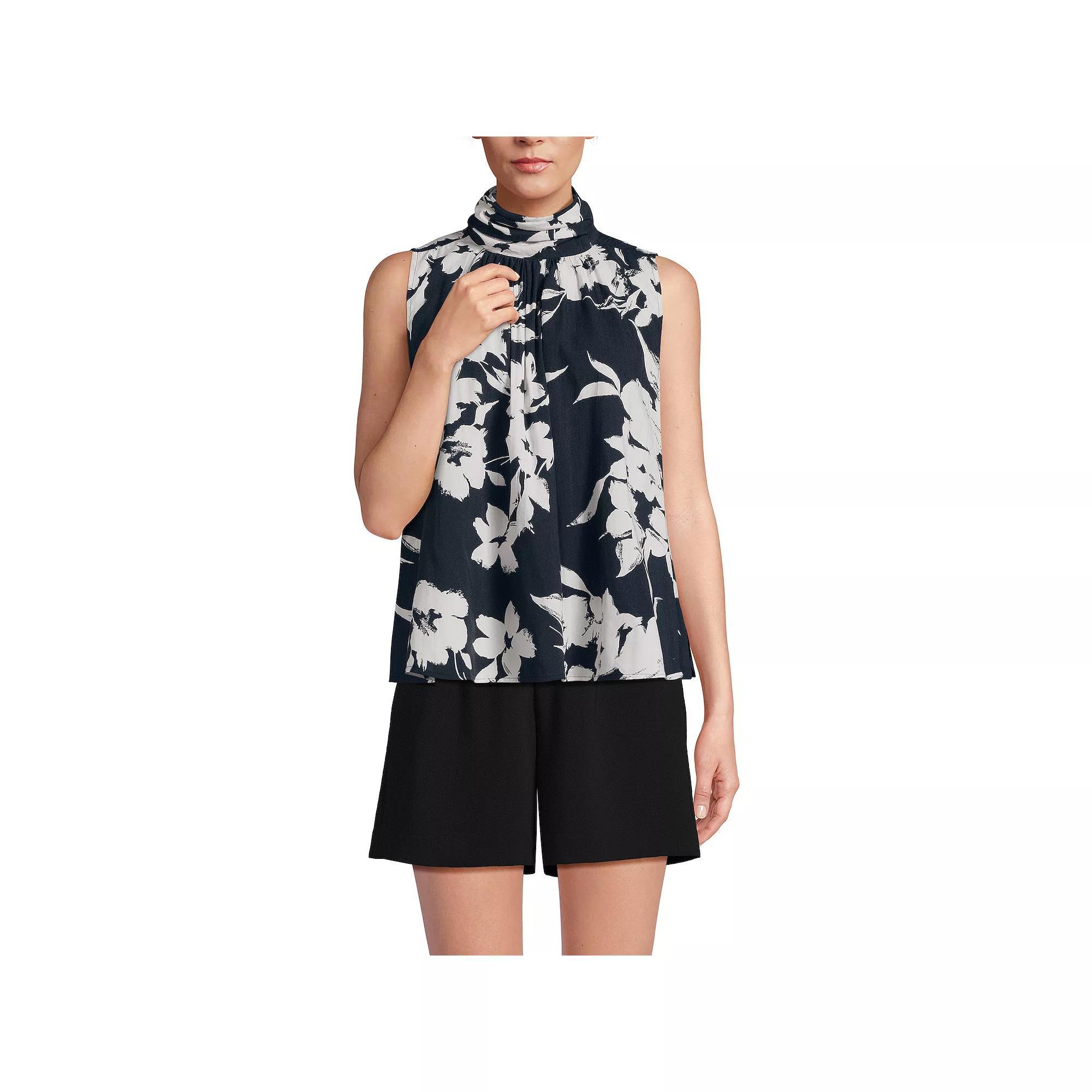 Women's Lands' End Mock Neck Blouse, Size: Large, Black Painted Flower Product Image