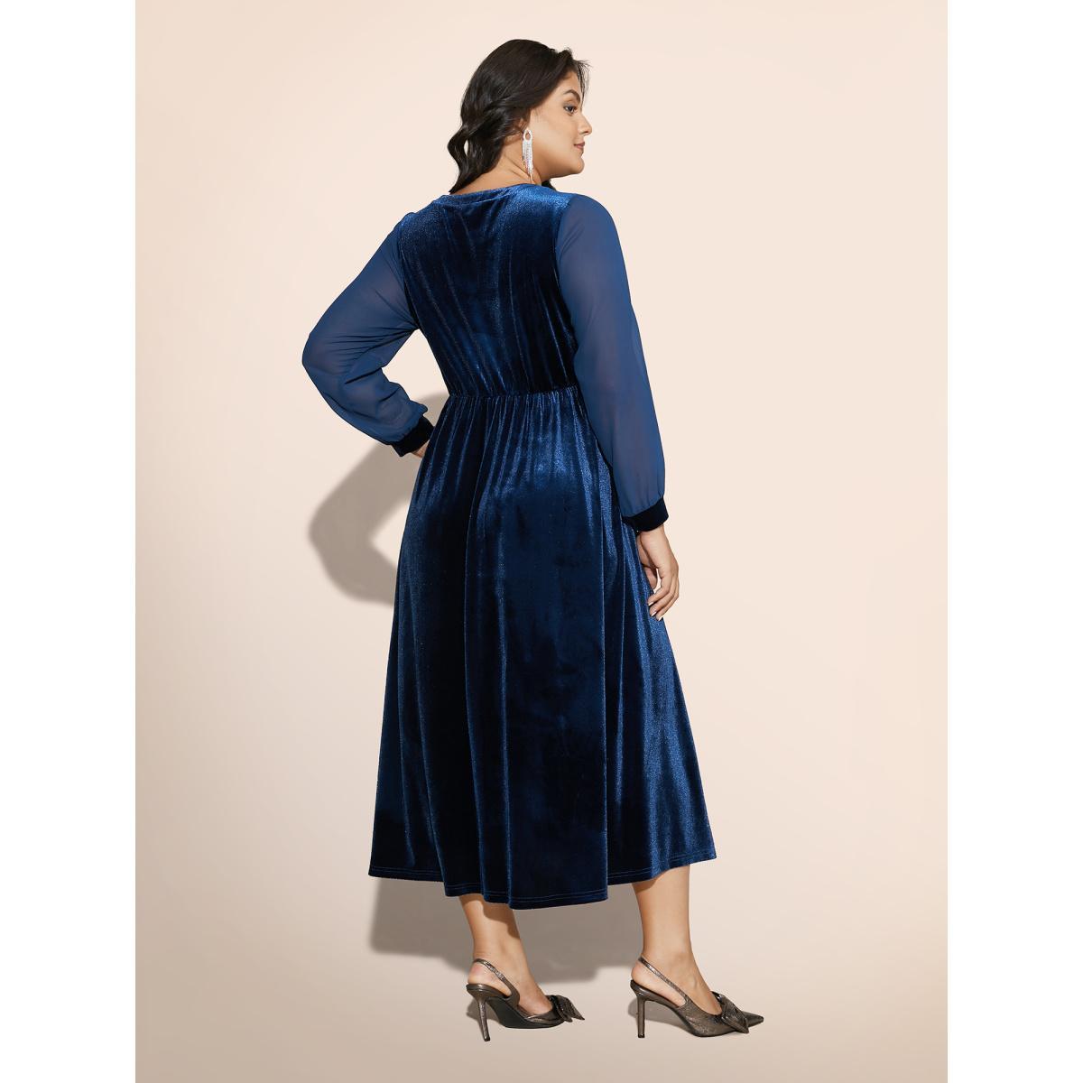 Plus Size Velvet Patchwork Chiffon Keyhole Midi Dress Indigo Women Cocktail Texture Party Curvy Bloomchic 10/M Product Image