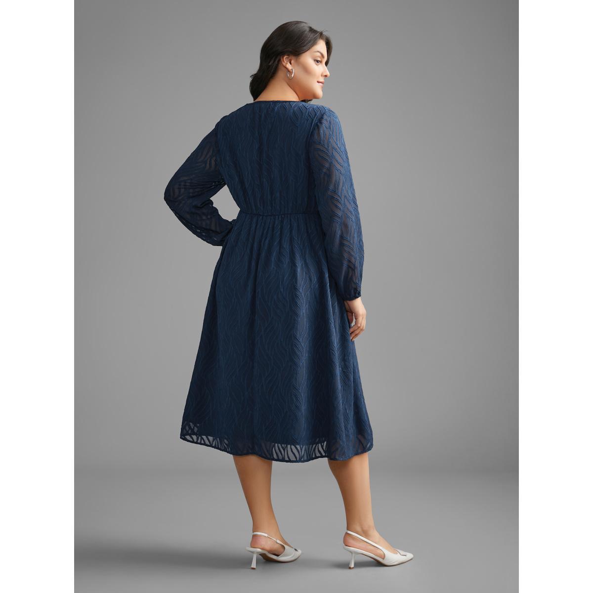 Plus Size Textured Chiffon Lantern Sleeve Midi Dress DarkBlue Women At the Office Texture Round Neck Long Sleeve Curvy BloomChic 26/4X Product Image
