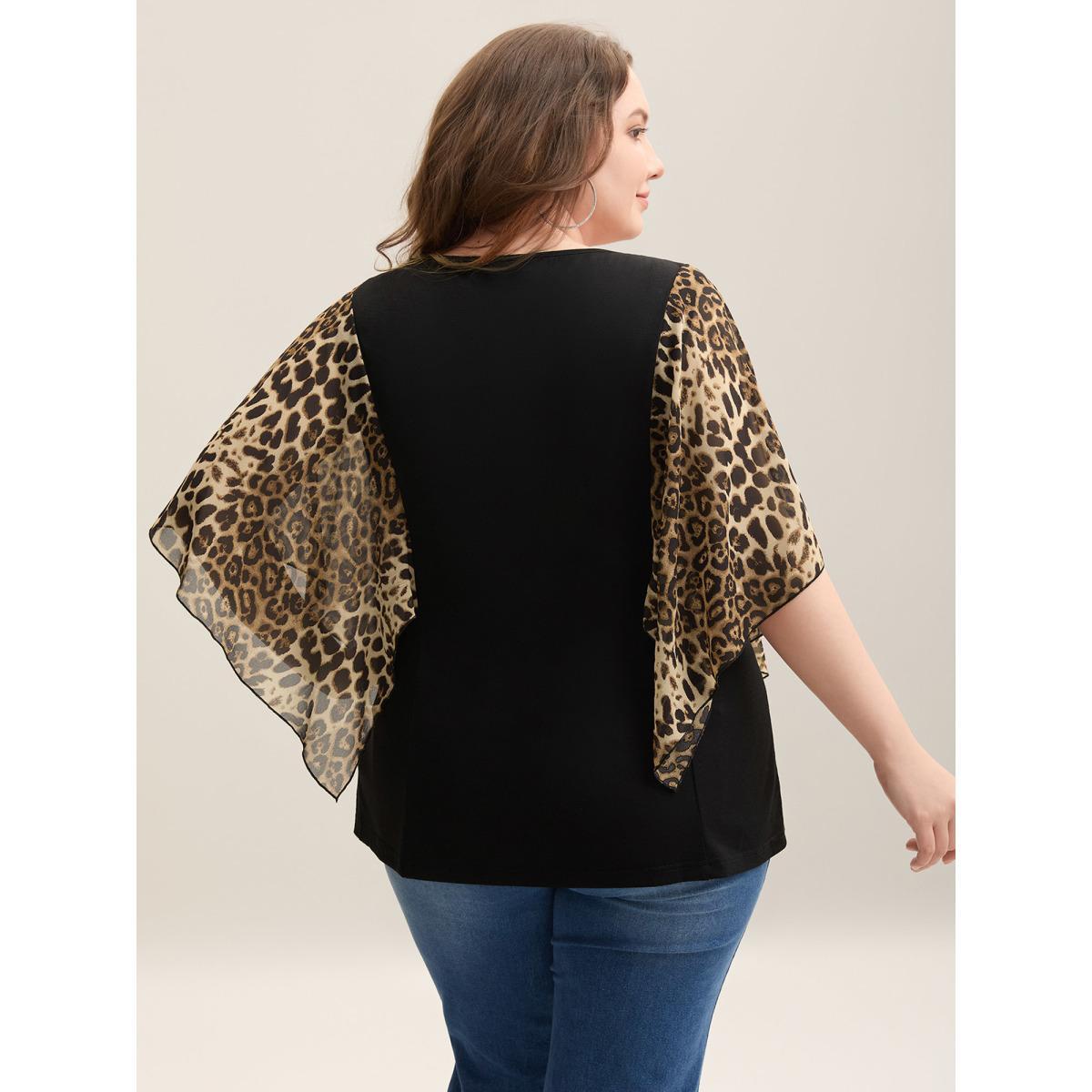 Plus Size Leopard Spliced Tied Flared Sleeve T-Shirt Black Women Casual Contrast V-neck Everyday T-shirts BloomChic 26/4X Product Image