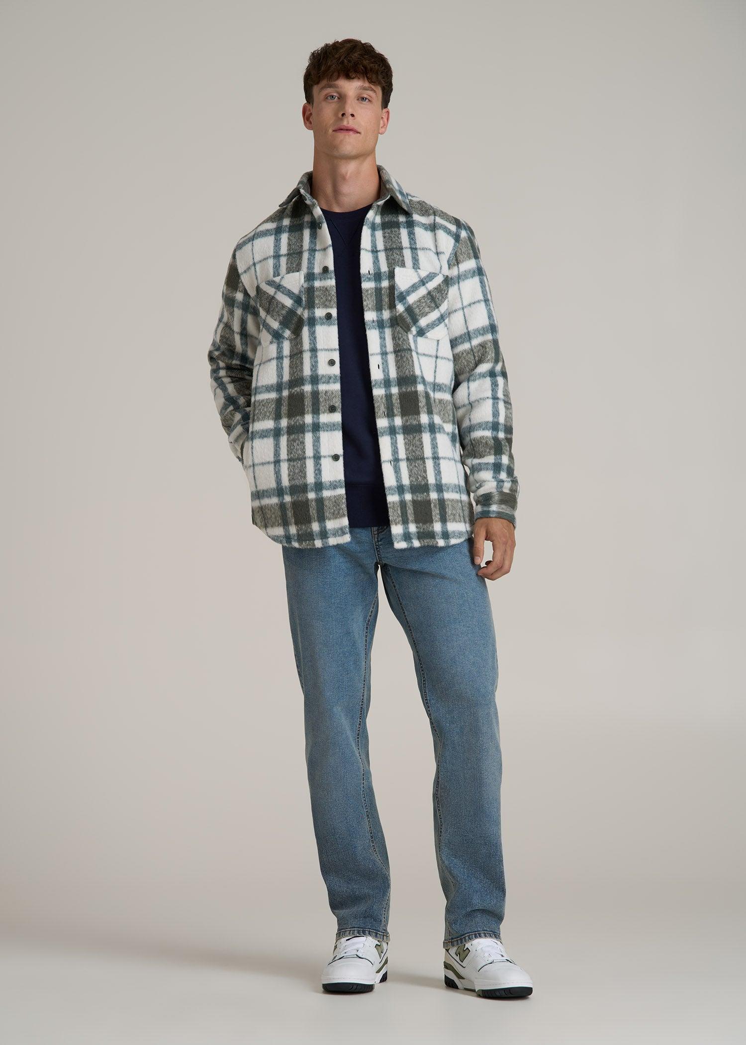 Brushed Flannel Overshirt for Tall Men in Ecru and Green Plaid Product Image