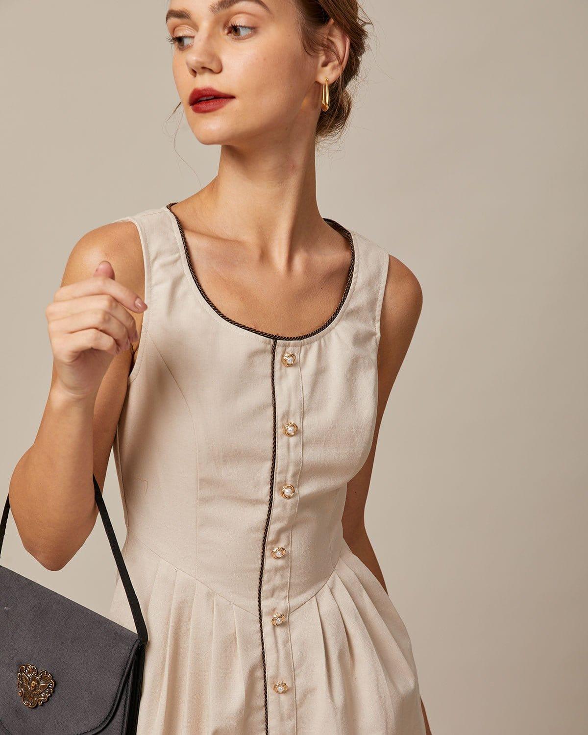 The Khaki Round Neck A-Line Midi Dress Product Image