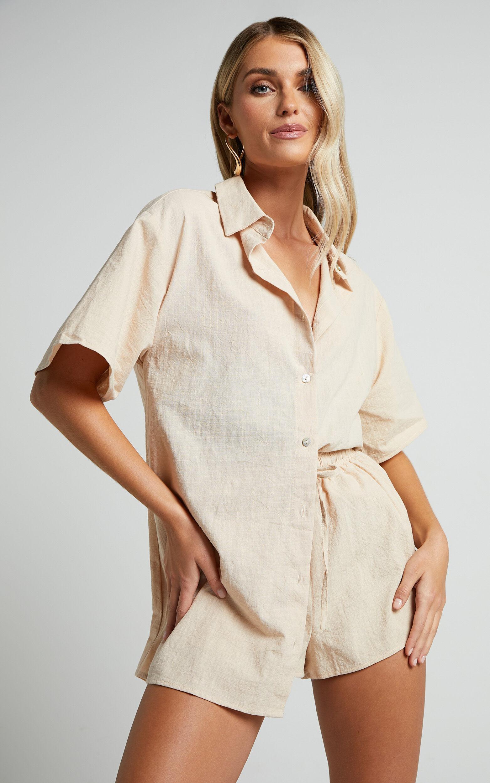 Vina Del Mar Two Piece Set - Linen Look Shirt and Shorts Set in Oatmeal Product Image