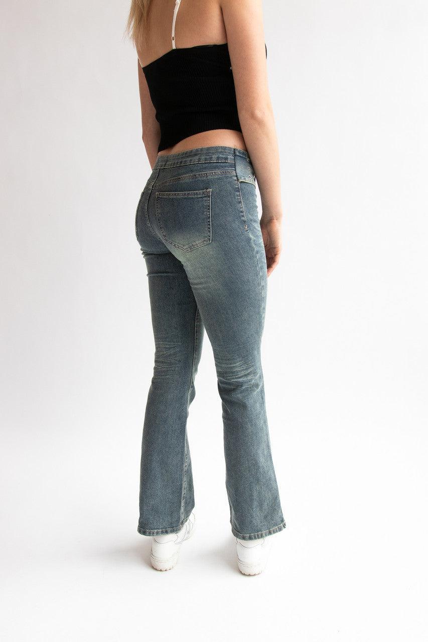 Grunge Wash Belted Flare Jeans Product Image