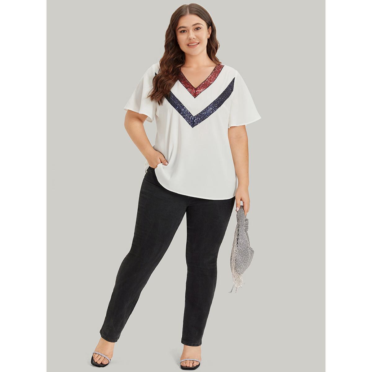 Plus Size White Contrast Webbing V Neck Ruffle Sleeve Blouse Women Party Short sleeve V-neck Going out Blouses BloomChic 10/M Product Image