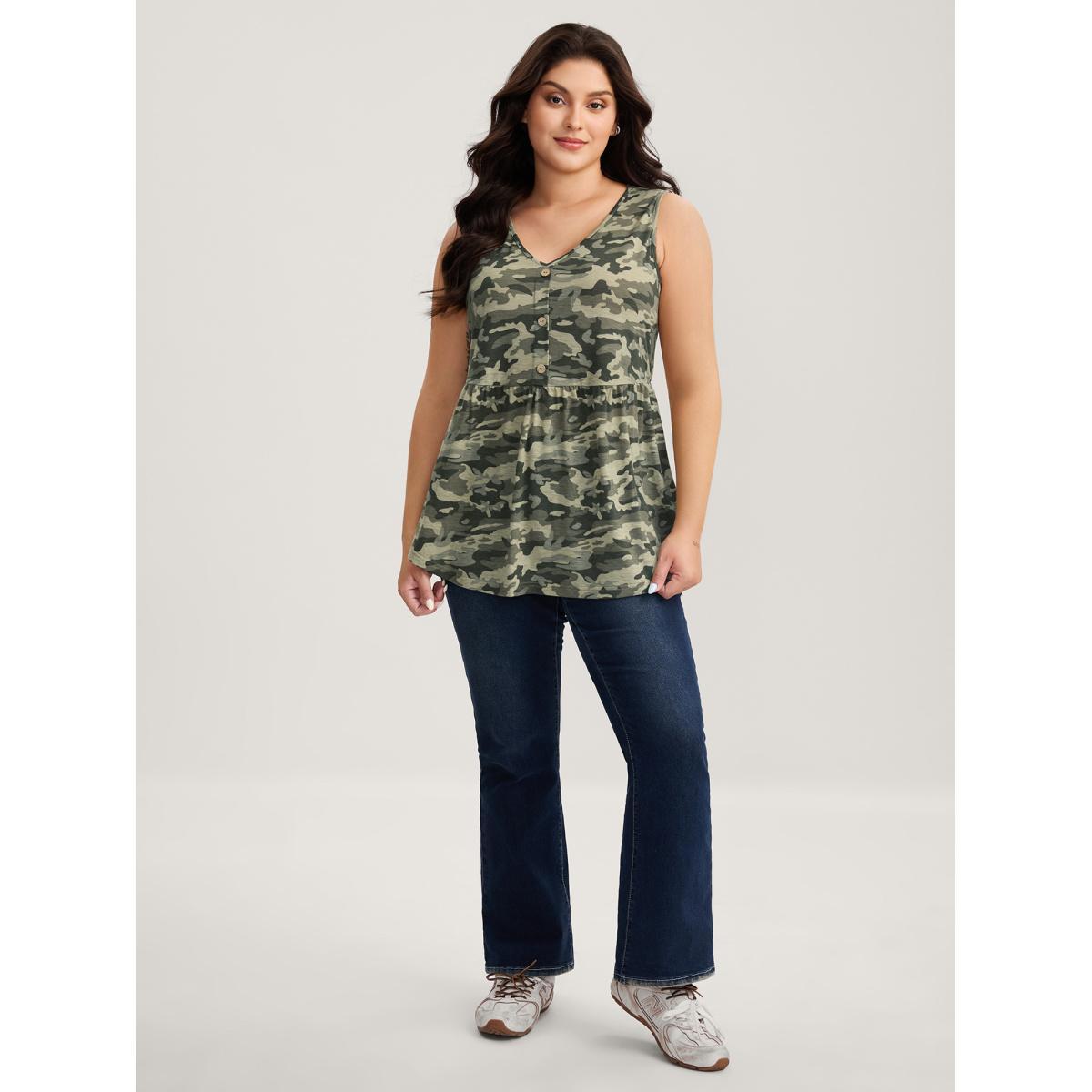 Plus Size Camouflage Print Cinched-Waist Tank Top Women Multicolor Gathered V-neck Everyday-Casual Tank Tops Camis BloomChic 12/L Product Image