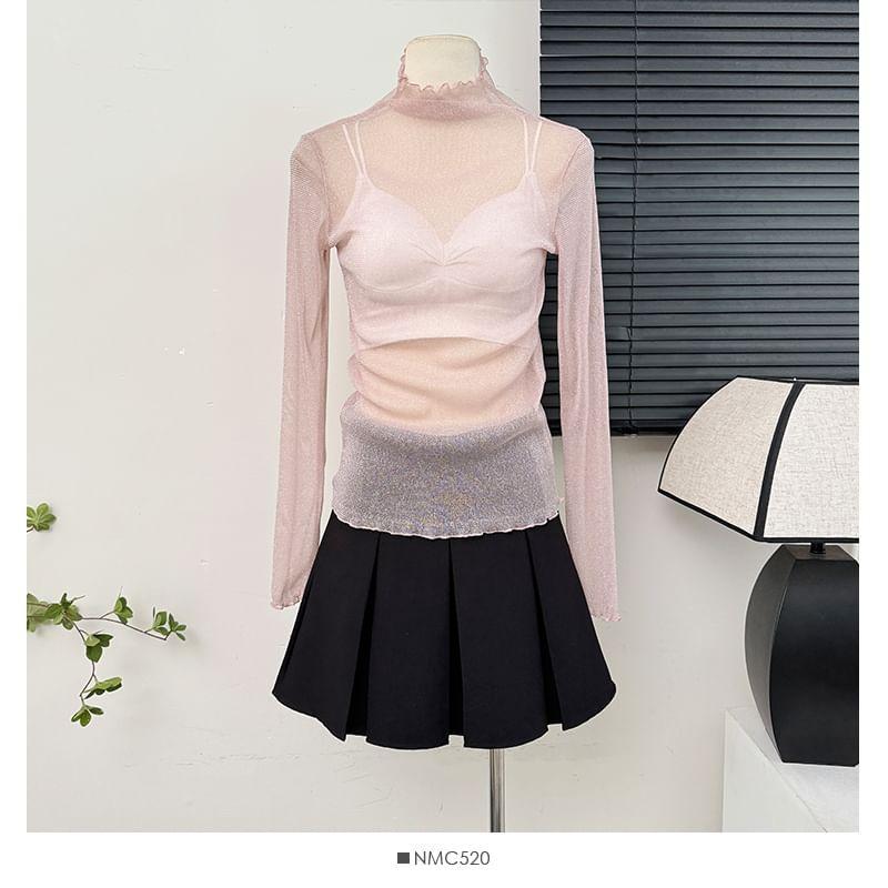 Glitter Mock-Neck Sheer Mesh Top in 9 Colors Product Image