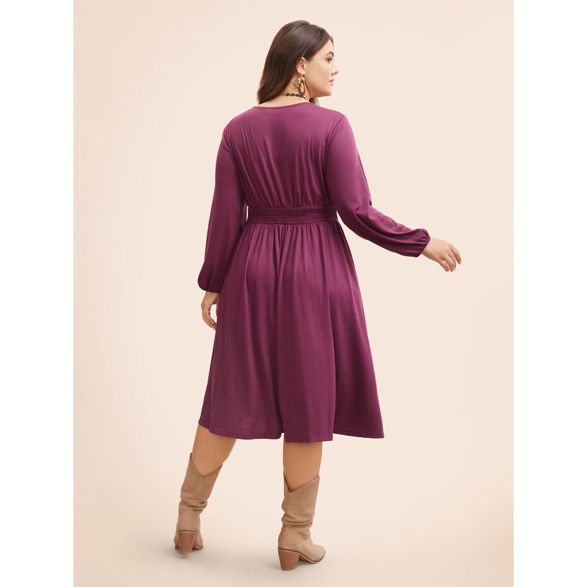 Plus Size V Neck Contrast Webbing Midi Dress RedViolet Women Resort Woven ribbon&lace trim V-neck Long Sleeve Curvy BloomChic 12/L Product Image