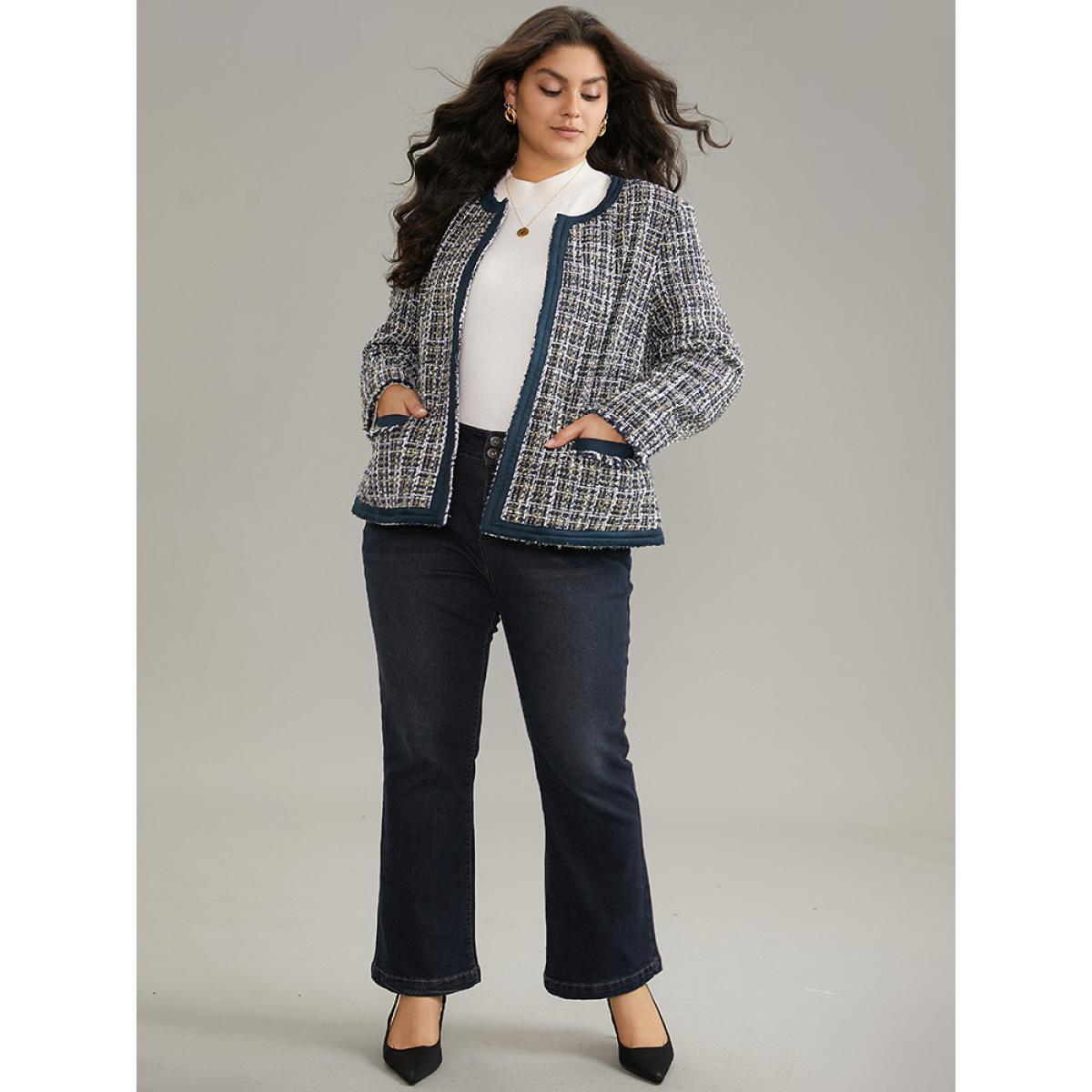 Plus Size Tweed Patchwork Contrast Pocket Jacket Women Indigo Texture Pocket Work Jackets BloomChic 22-24/3X Product Image
