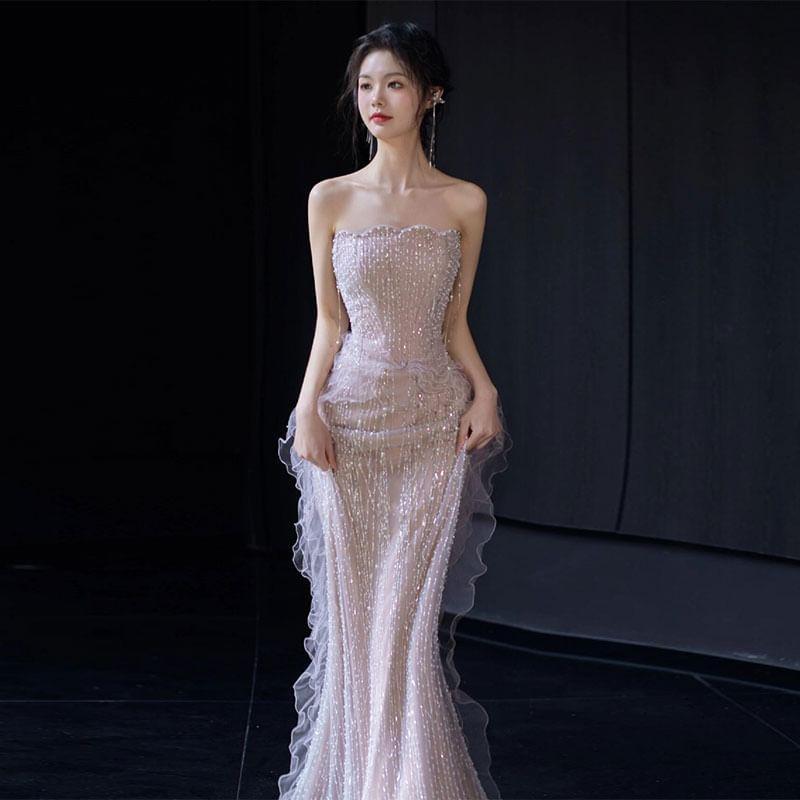 Off Shoulder Ruffle Trim Mermaid Evening Gown Product Image