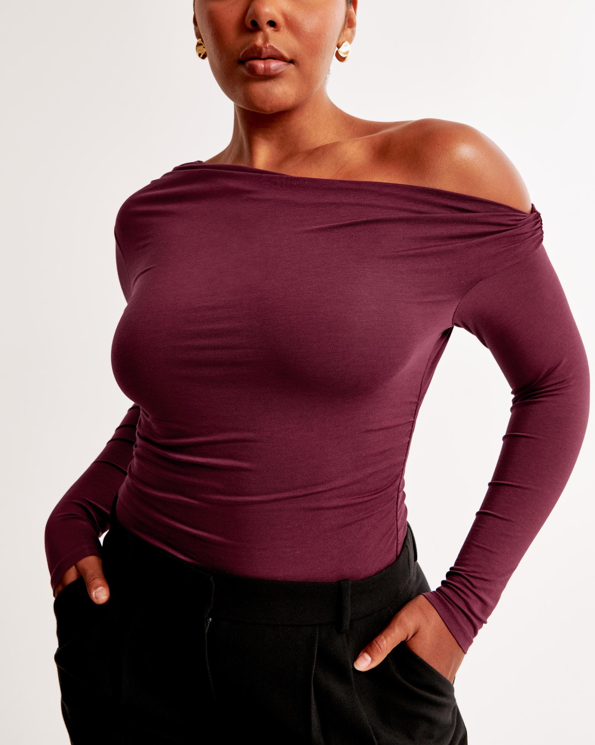 Long-Sleeve Velvet Asymmetrical Draped Top Product Image