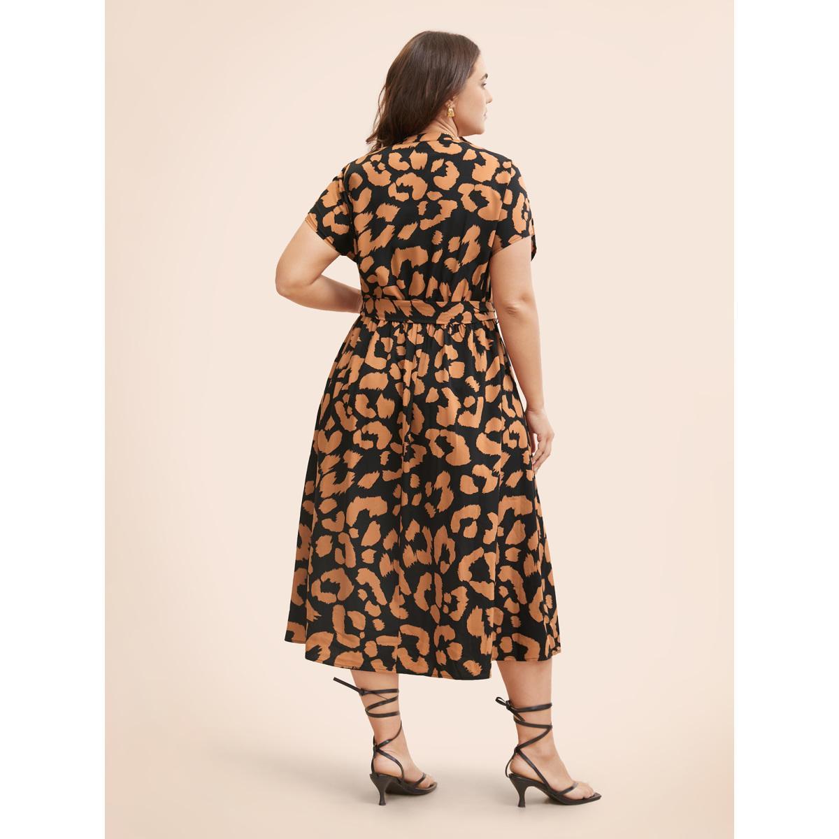 Plus Size Leopard Print Notched Button Detail Dress Bronze Women Elegant Belted Flat collar with V-notch Short sleeve Curvy BloomChic 30/6X Product Image