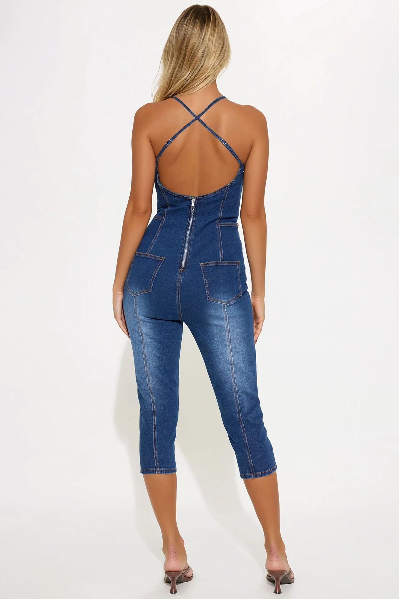 Line Up Denim Jumpsuit - Dark Wash Product Image