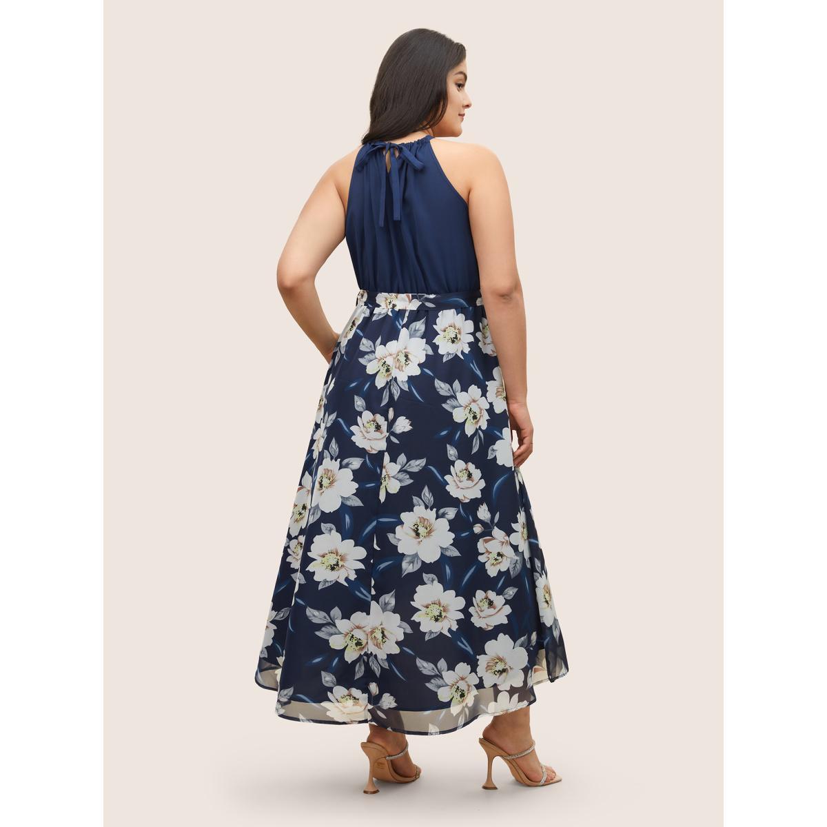 Plus Size Floral Patchwork Halter Ties High Low Hem Dress Indigo Women Elegant Non Halter neck Sleeveless Curvy Midi Dress BloomChic 10/M Product Image