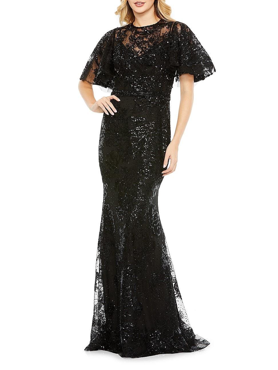 Womens Embellished Flutter-Sleeve High-Neck Gown Product Image