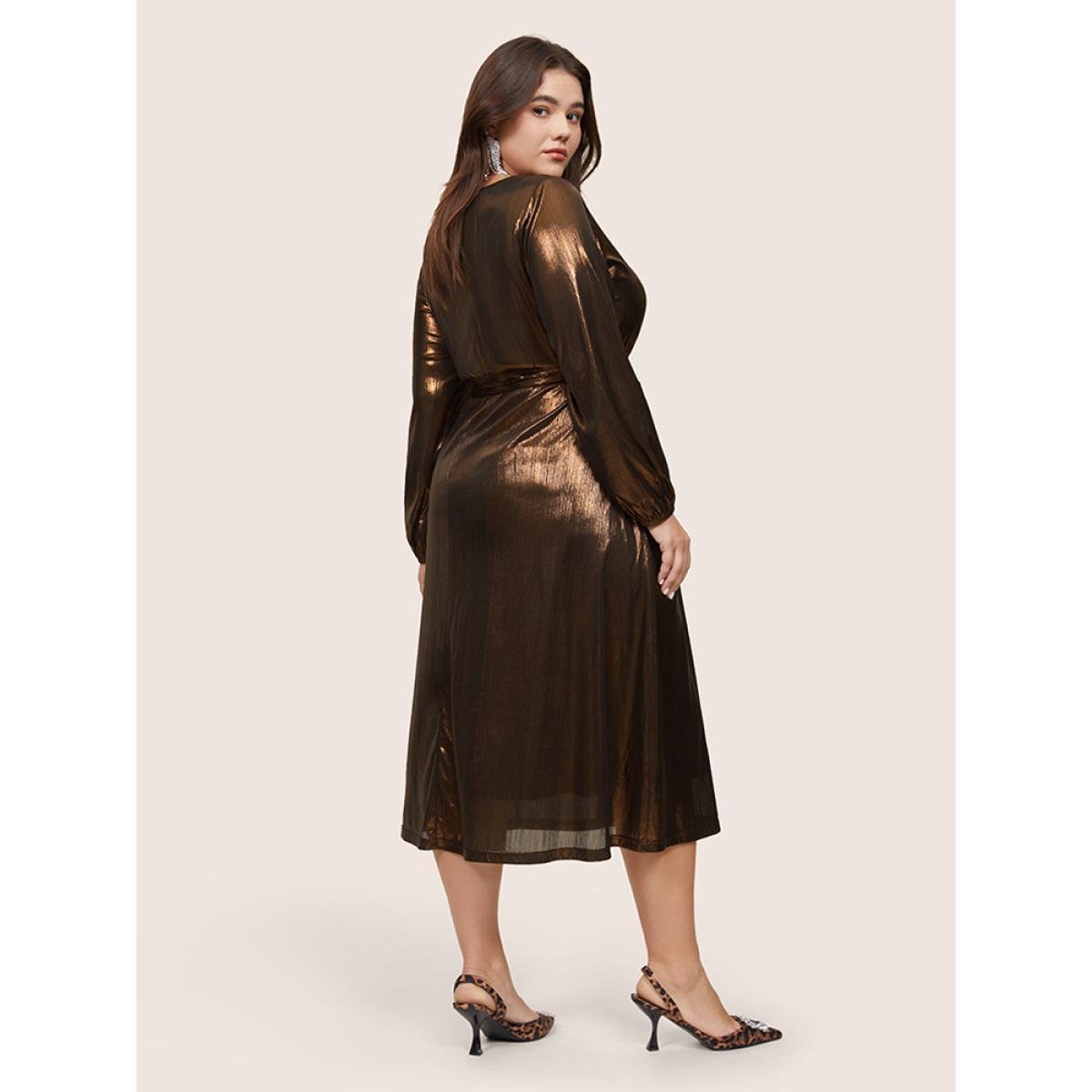 Plus Size Metallic Belted Wrap Lantern Sleeve Dress Bronze Women Cocktail Elastic cuffs Overlap Collar Long Sleeve Curvy Midi Dress BloomChic 10/M Product Image
