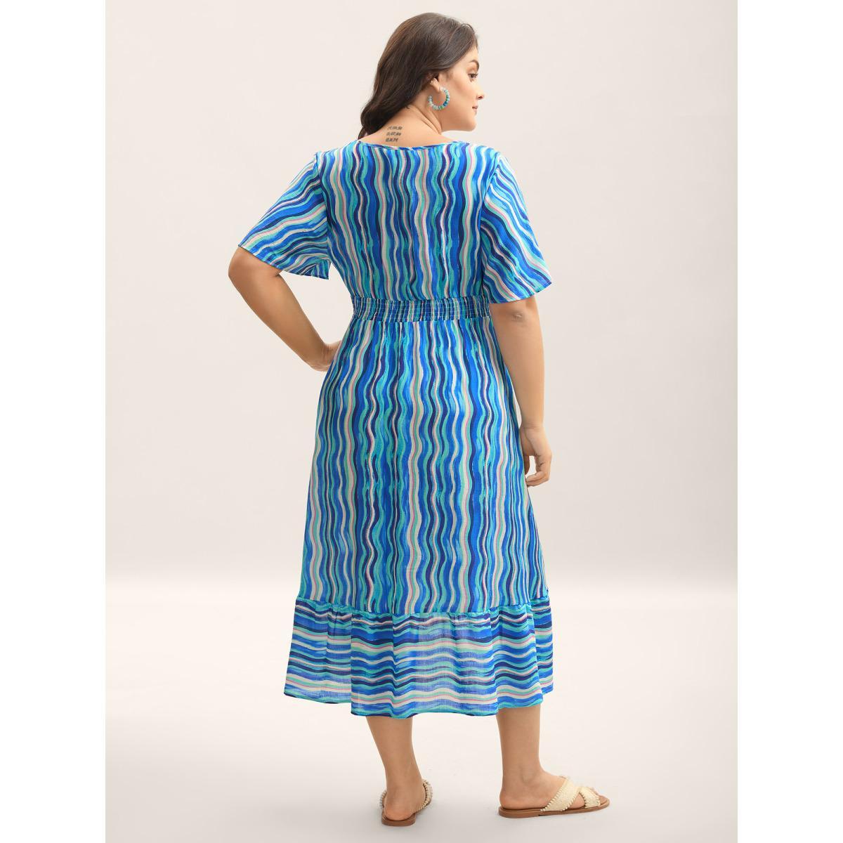 Plus Size Nautical Waves Shirred Waist Midi Dress Cerulean Women V-neck Short sleeve Curvy BloomChic 28/5X Product Image