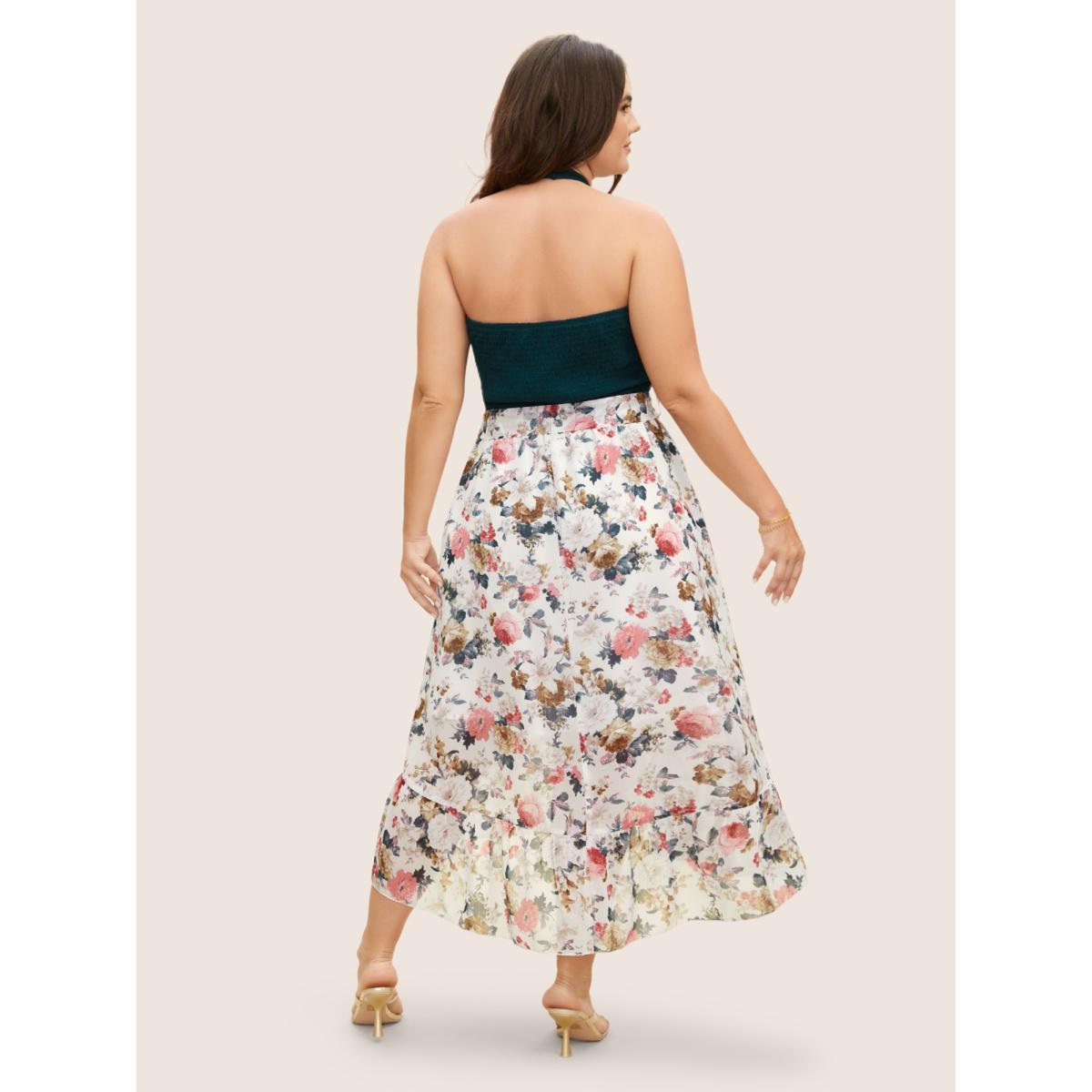 Plus Size Halter Neck Patchwork Floral Belted Dress DarkGreen Women Elegant Halter neck Sleeveless Curvy BloomChic 10/M Product Image