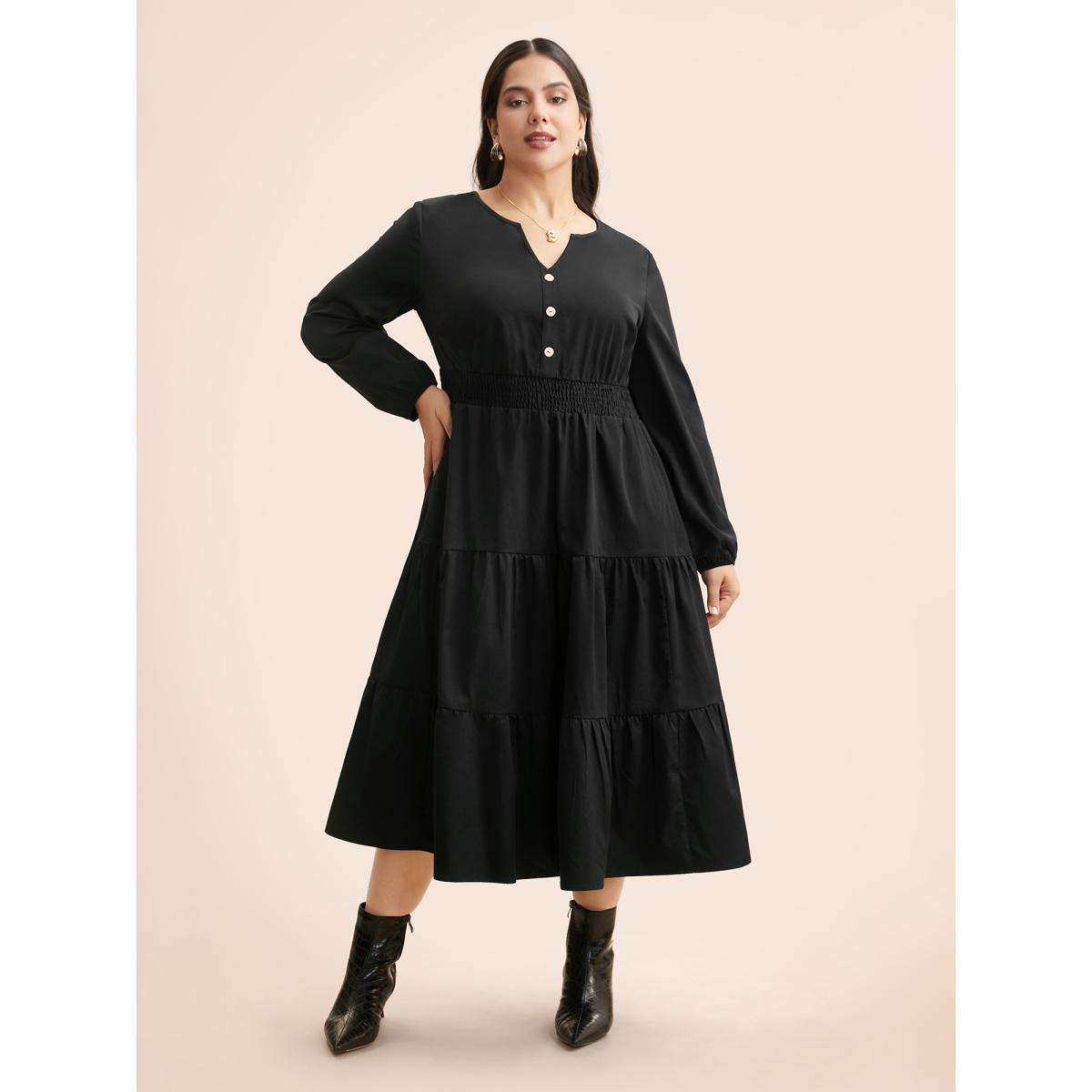 Plus Size Notched Button Detail Ruffle Layered Hem Dress Black Women At the Office Button Flat collar with V-notch Long Sleeve Curvy BloomChic 30/6X Product Image