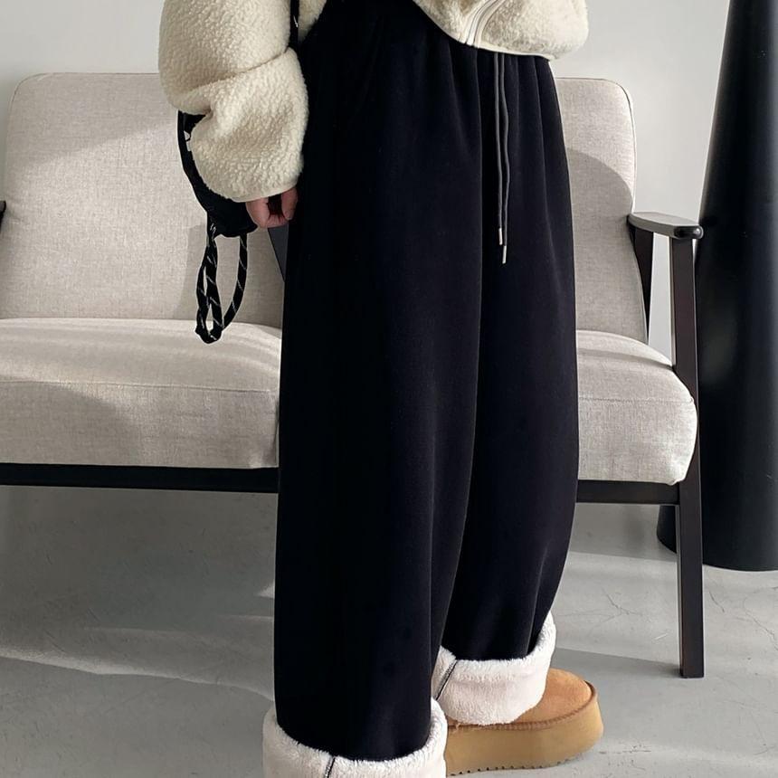 Drawstring Waist Plain Fleece Lined Wide Leg Sweatpants Product Image