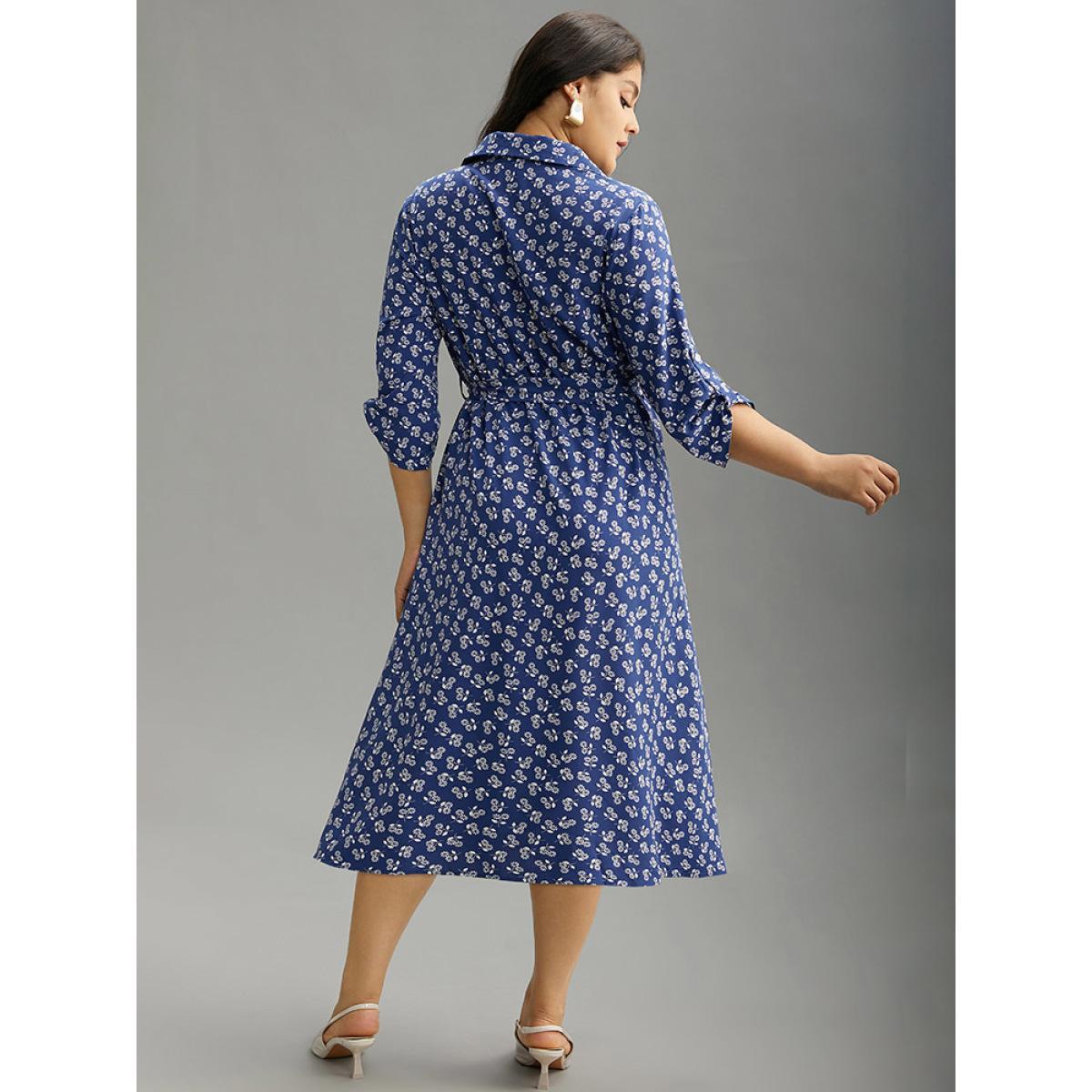 Plus Size Ditsy Floral Belted Button Through Tab Sleeve Dress Aegean Women Office Belted Shirt collar Elbow-length sleeve Curvy Midi Dress BloomChic 18-20/2X Product Image