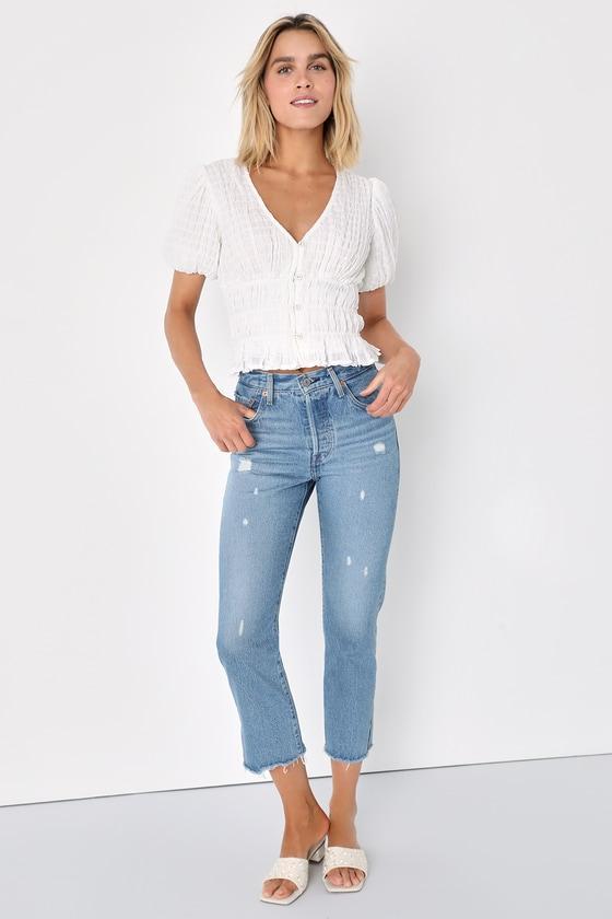 Dreamy Imaginings White Smocked Short Sleeve Button-Front Top Product Image