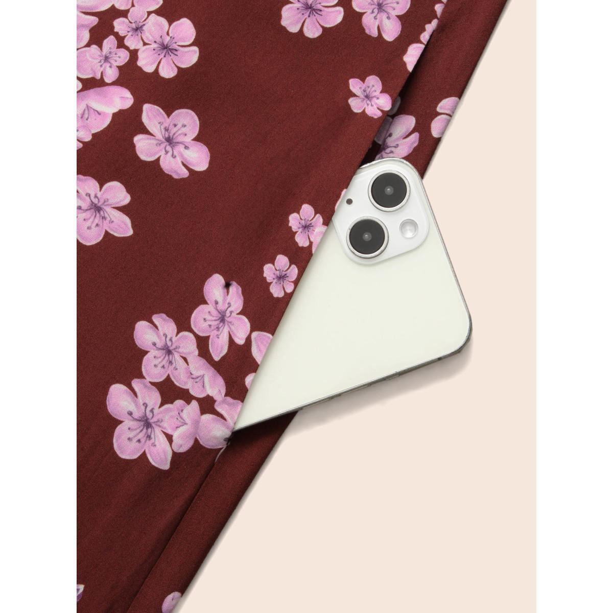 Plus Size Floral V Neck Gathered Midi Dress Burgundy Women Elegant Gathered V-neck Short sleeve Curvy BloomChic 14-16/1X Product Image
