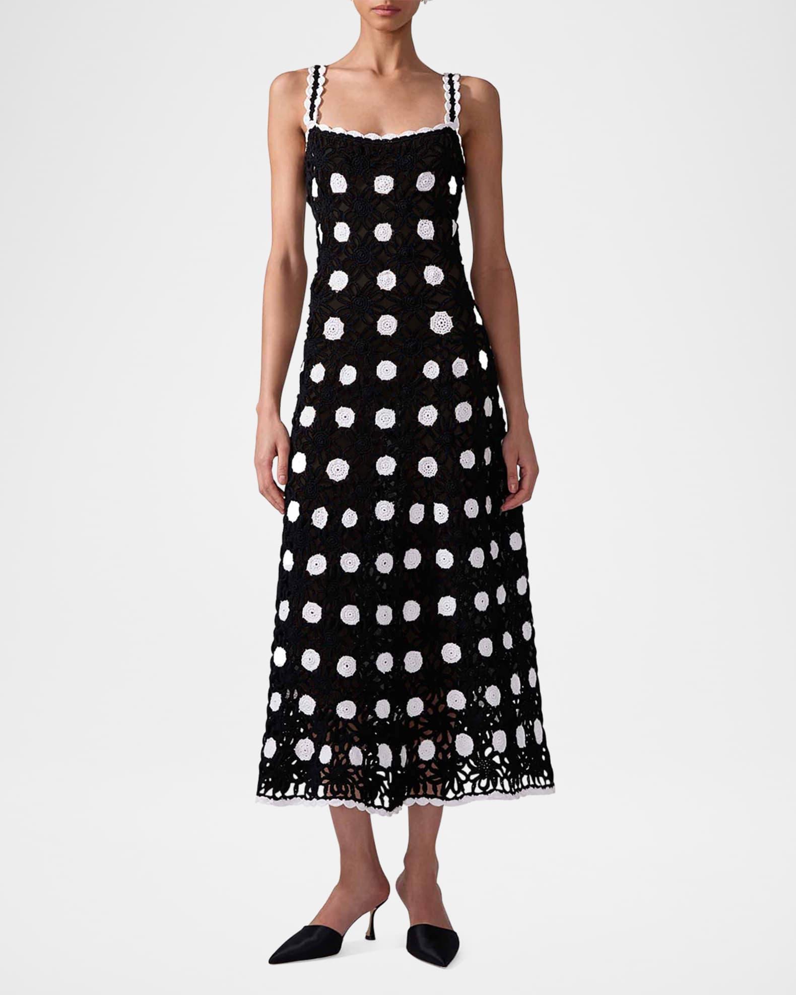 Polka-Dot Crochet-Knit Sleeveless Midi Dress Product Image