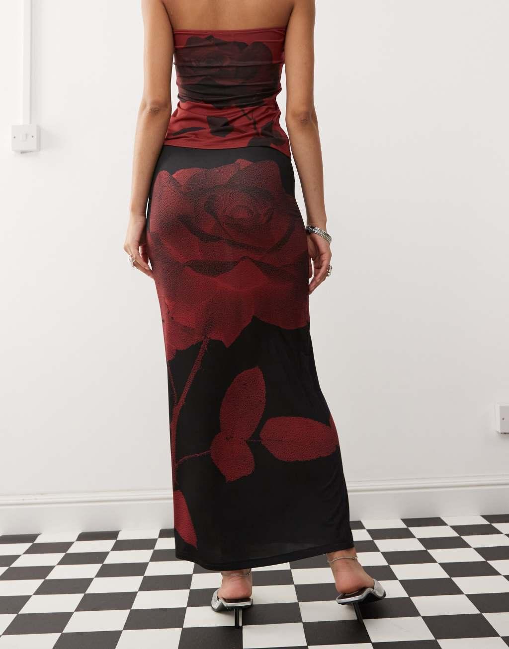 COLLUSION low rise maxi skirt with red bloom print - part of a set Product Image